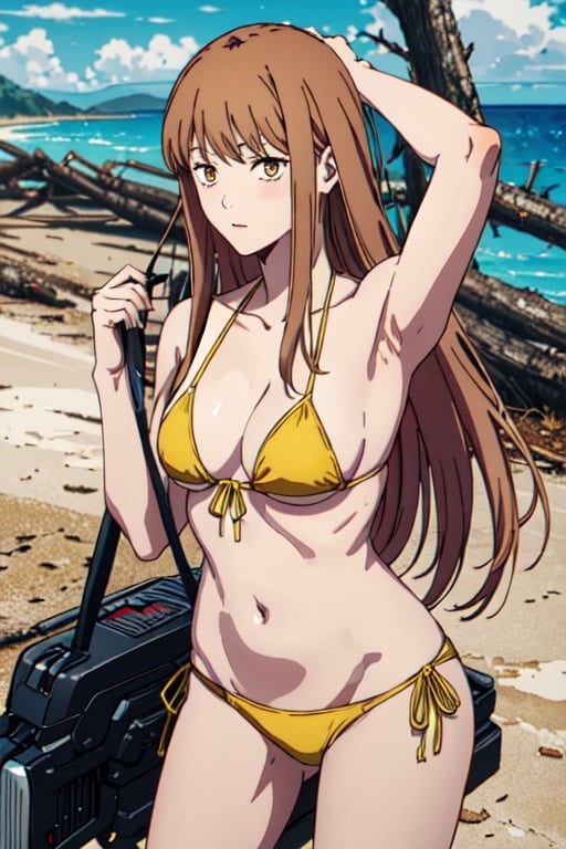 long hair, brown hair, clothing changing, csm anime style, makima (chainsaw man), bikini