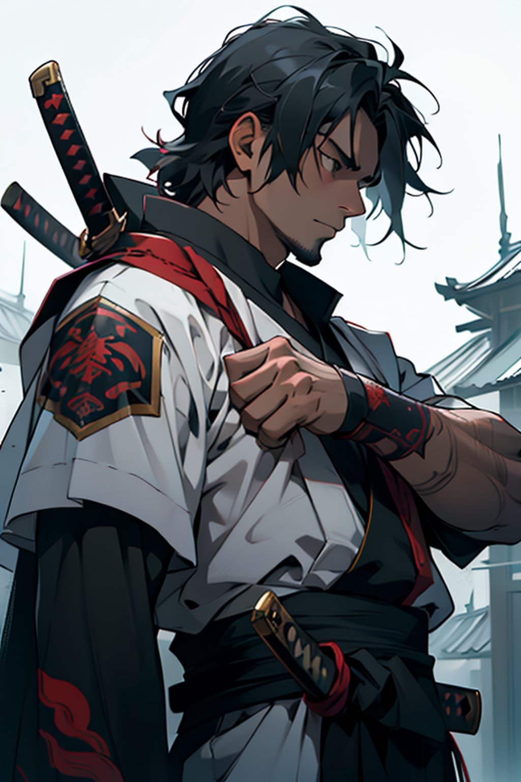 anime male samurai with a black katana,  long black hair,  dramatic pose and detailed eye by The Ronin on Tensor.Art