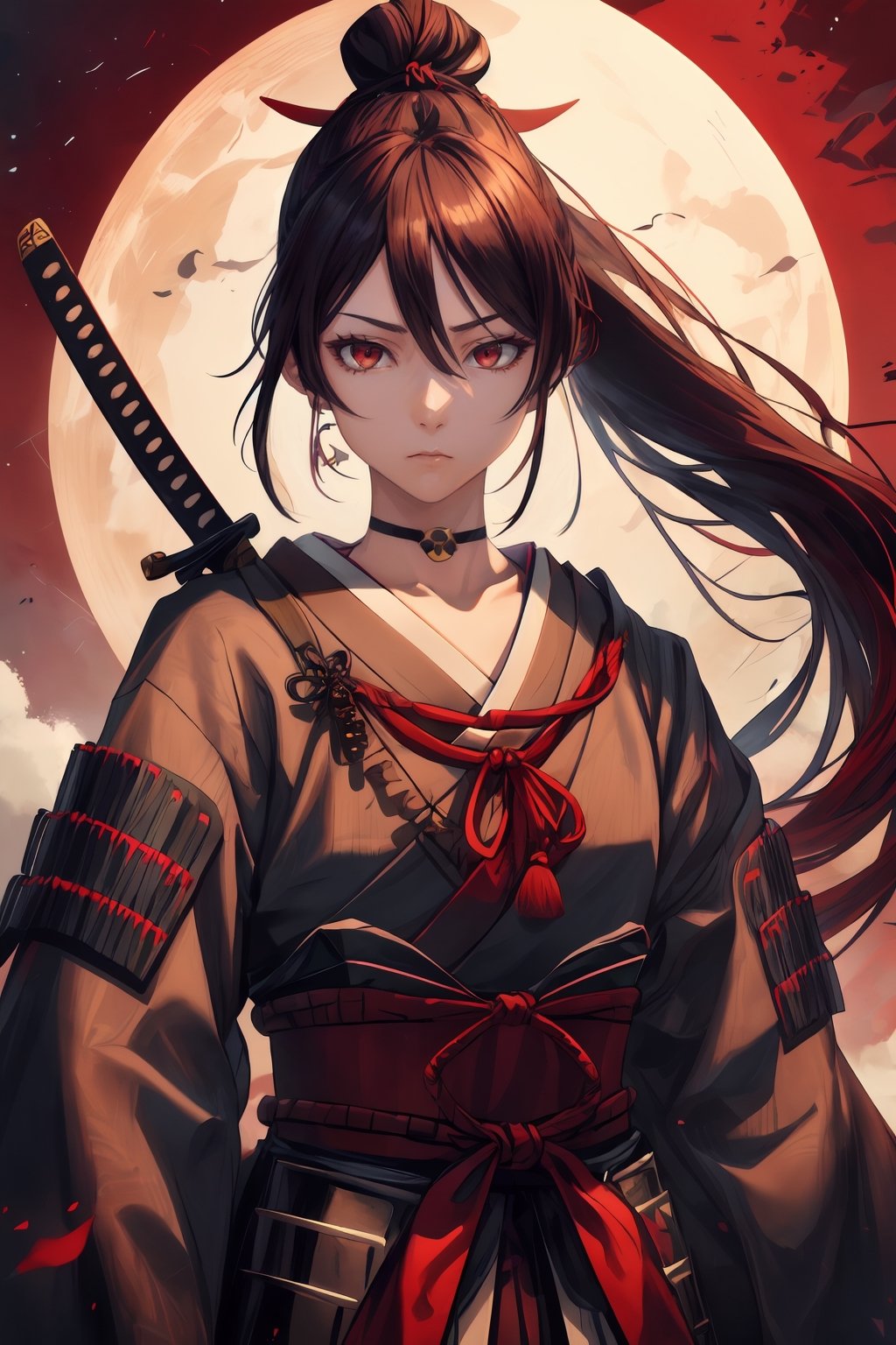 best quality, masterpiece, highres, solo, Yamada Asaemon Sagiri:1.15, brown_hair, long_hair, single hair bun, bangs, red_eyes, hair_between_eyes, sidelocks, jewelry, closed_mouth, ring, upper_body, ponytail,choker,samurai,yuigahama