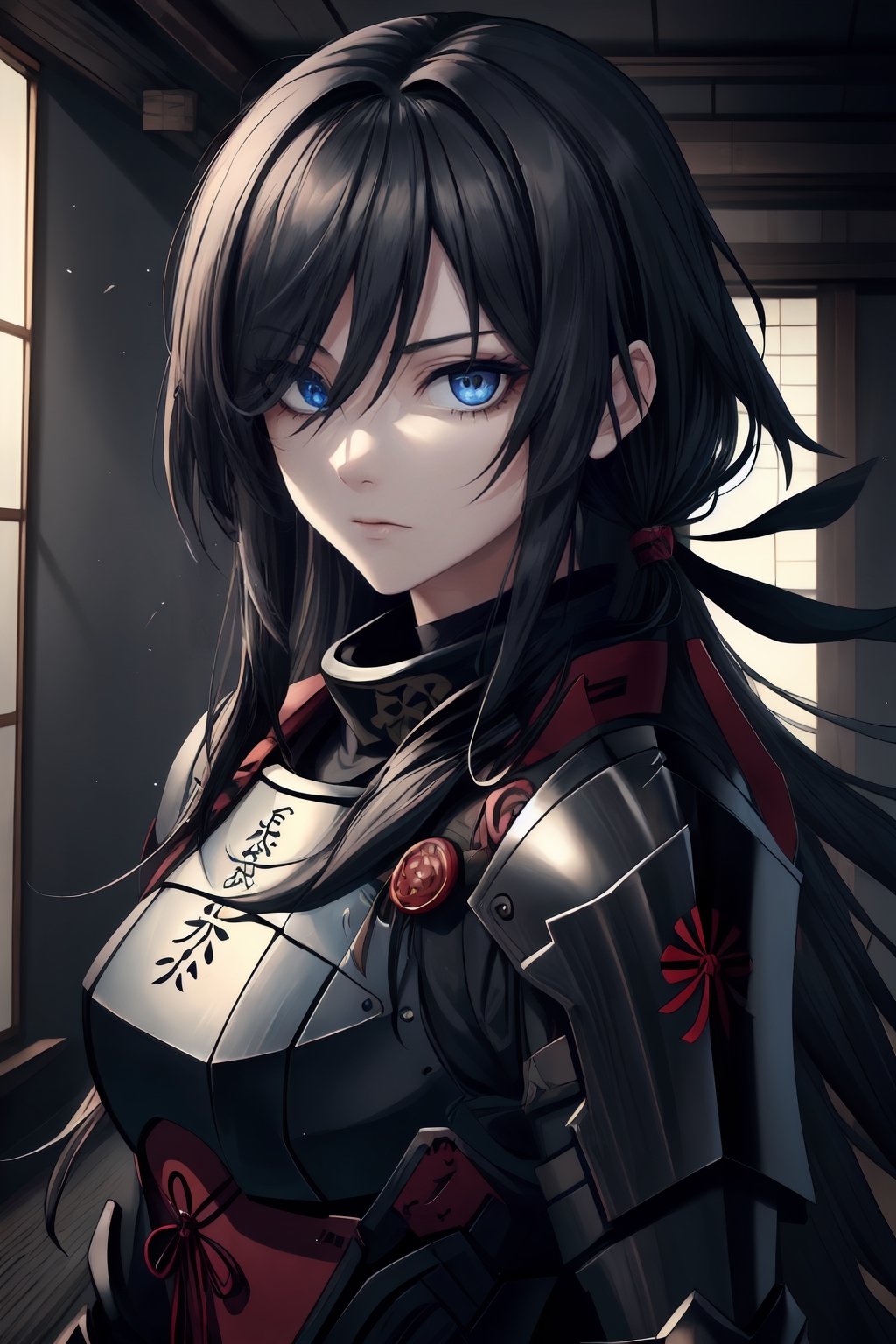 best quality, masterpiece, 1girl,older_female,highres, best quality, masterpiece, 1girl,highres,older_female,solo, blue_eyes,detailed blue eyes,scary gaze,sidelocks, closed_mouth, upper_body,hollow eyes,eyelashes, long black hair,hair_over_eye,hair over one eye,Shinobi,japanese armor,viewed_from_side,looking_at_viewer,looking to the side,yui,noir