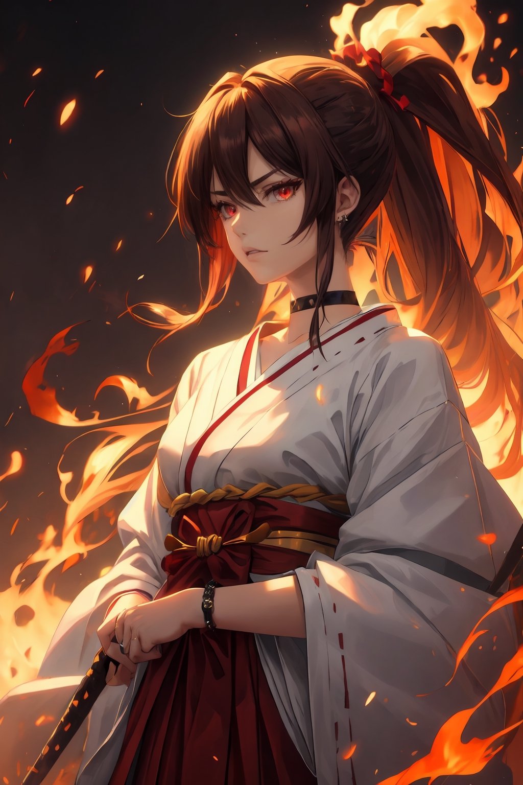 best quality, masterpiece, highres, solo, Yamada Asaemon Sagiri:1.15, brown_hair, long_hair, single hair bun, bangs, red_eyes, hair_between_eyes, sidelocks, jewelry, closed_mouth, ring, upper_body, ponytail,choker,samurai,firemagicAI,r1ge