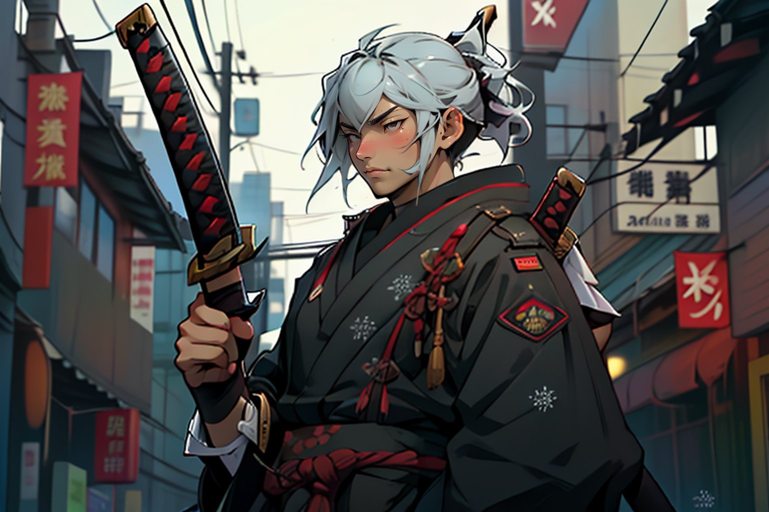 male samurai with a black katana,  samurai outfit and has a army rank badge on his shoulders,  snowflakes as a rank inside...