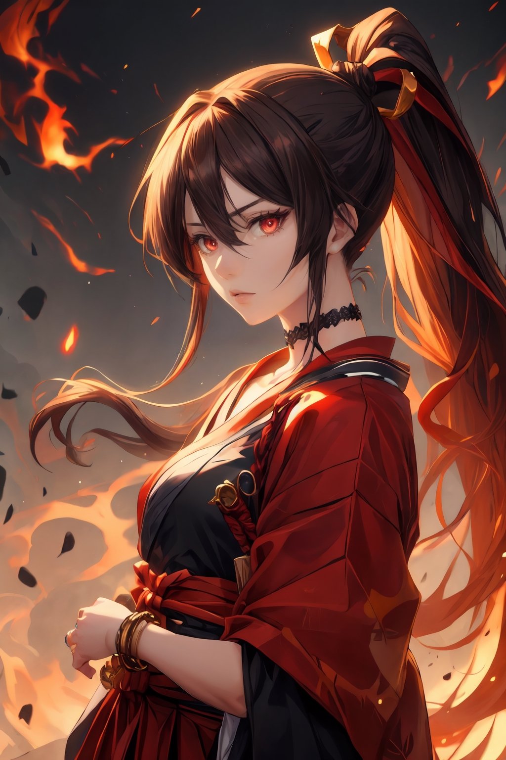 best quality, masterpiece, highres, solo, Yamada Asaemon Sagiri:1.15, brown_hair, long_hair, single hair bun, bangs, red_eyes, hair_between_eyes, sidelocks, jewelry, closed_mouth, ring, upper_body, ponytail,choker,samurai,firemagicAI,r1ge