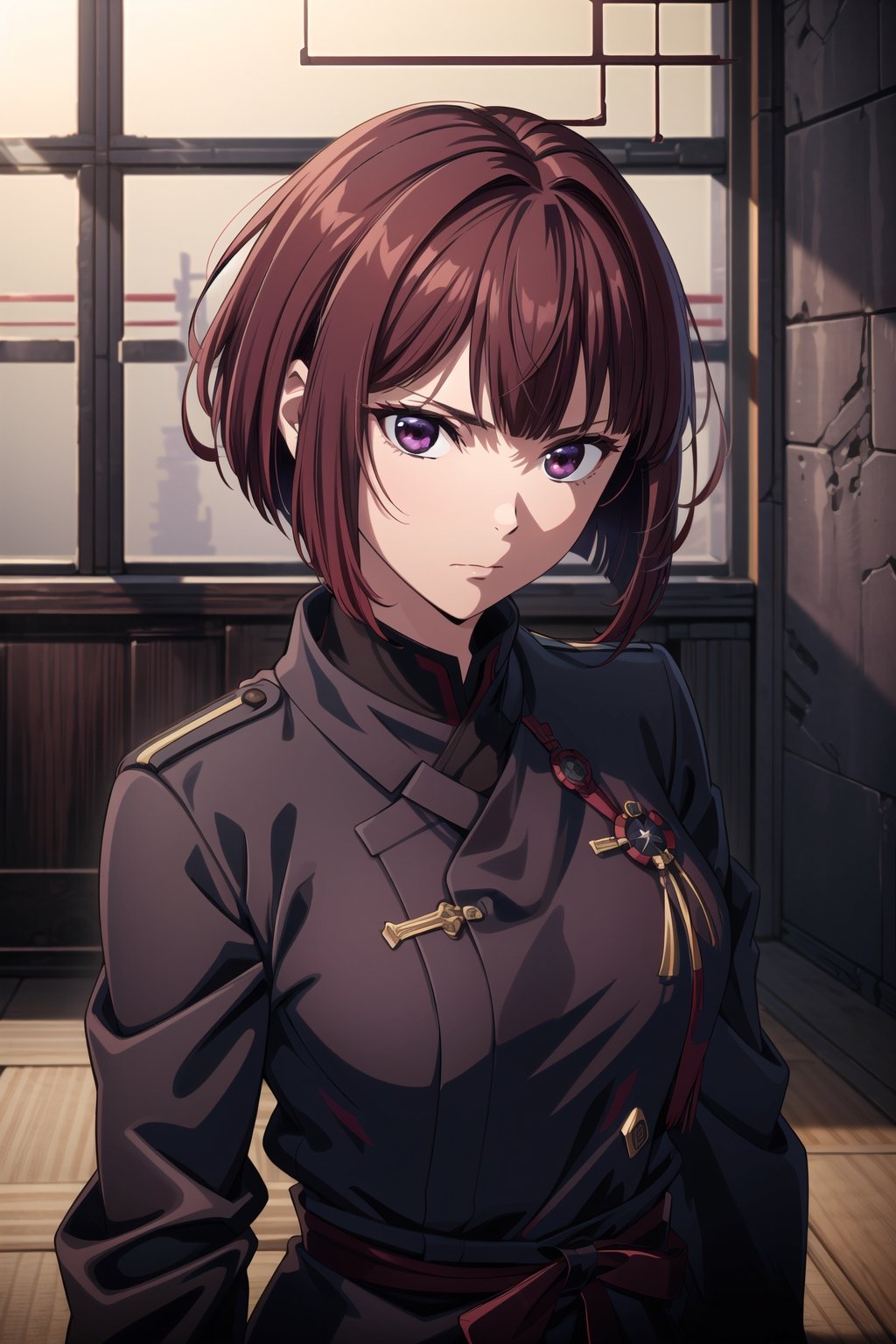 best quality, masterpiece, highres, solo,sole_female, 30 year old military female character, sharp features, calm expression, strict look, detailed, perfect shadows, short hair,brown hair, purple eyes, hair_between_eyes, sidelocks, jewelry, closed_mouth, ring, upper_body,samurai,shinobitech,aakana