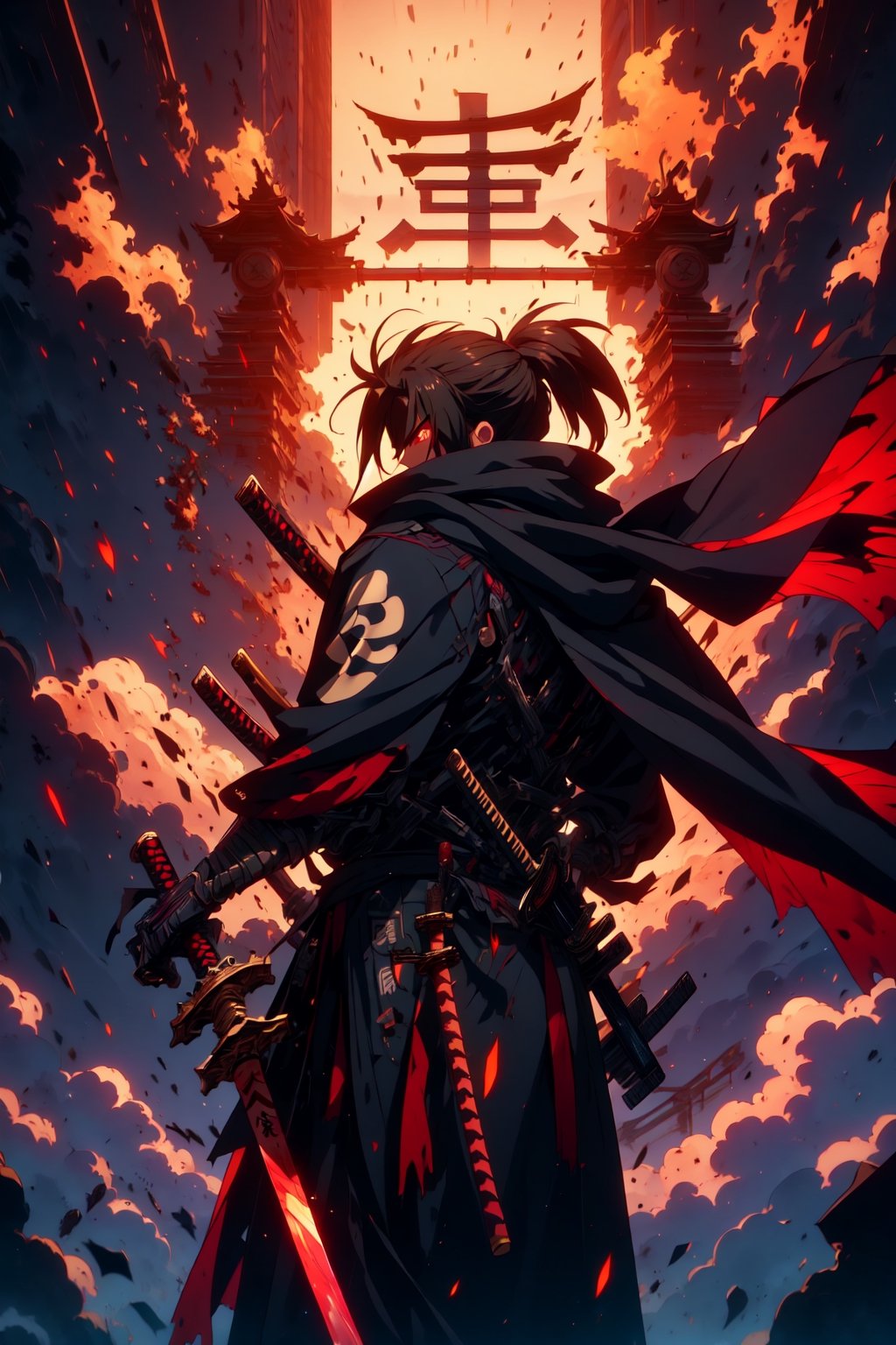 masterpiece,best quality,1boy,sole_male,screencap of a male,strong,solo,alone,ronin,sengoku_era,extremely detailed 8k cg wallpaper,super complex details,extremely detailed,ashes,wind blowing,perfect anatomy,perfect shadows,ray tracing,japanese armor, background is snowy mountin,katana sword,glowing weapon power,powerfull aura,expression eyes,sadness,lookong down,glowing eyes,black scarf,bandages,extremely detailed 8k cg wallpaper, (torn clothes:1.1),depth_of_field,full_body,fully_dressed,viewed_from_behind,cowboy_shot,shinobitech,extremely detailed eyes and face,hyakkimaru_dororo,shaded face,incredibly absurdres,r1ge