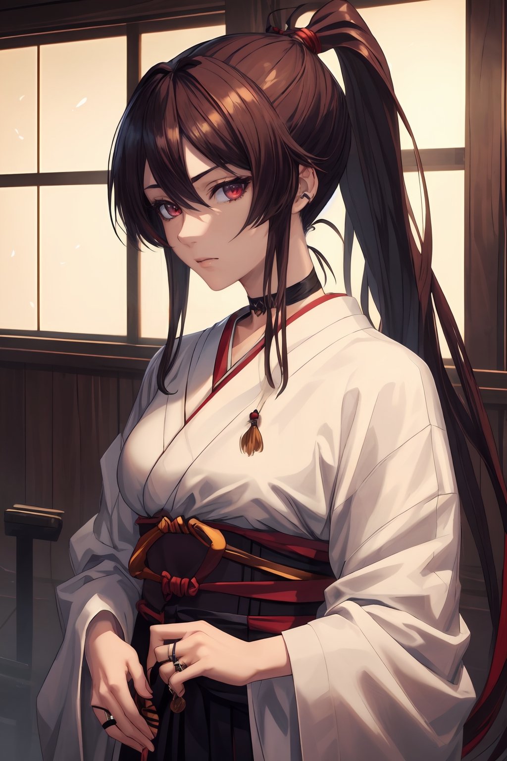 best quality, masterpiece, highres, solo, Yamada Asaemon Sagiri:1.15, brown_hair, long_hair, bangs, red_eyes, hair_between_eyes, sidelocks, jewelry, closed_mouth, ring, upper_body, ponytail,choker,samurai,black clothes