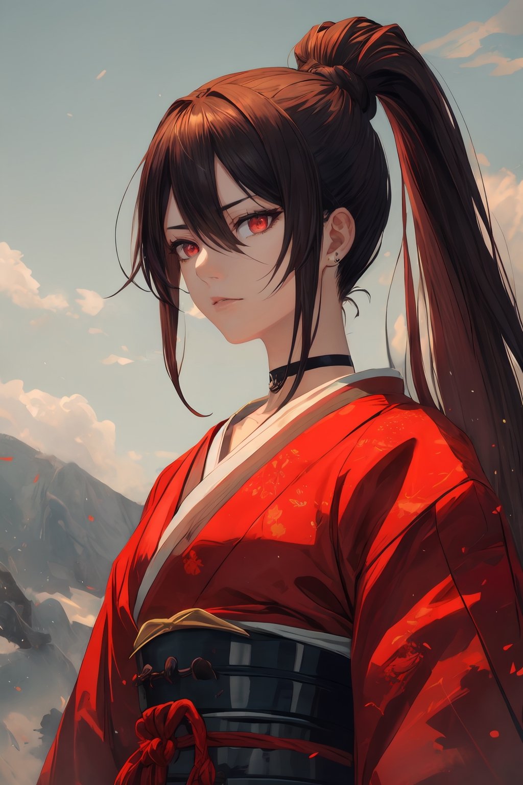 best quality, masterpiece, highres, solo, Yamada Asaemon Sagiri:1.15, brown_hair, long_hair, single hair bun, bangs, red_eyes, hair_between_eyes, sidelocks, jewelry, closed_mouth, ring, upper_body, ponytail,choker,samurai,yuigahama,r1ge