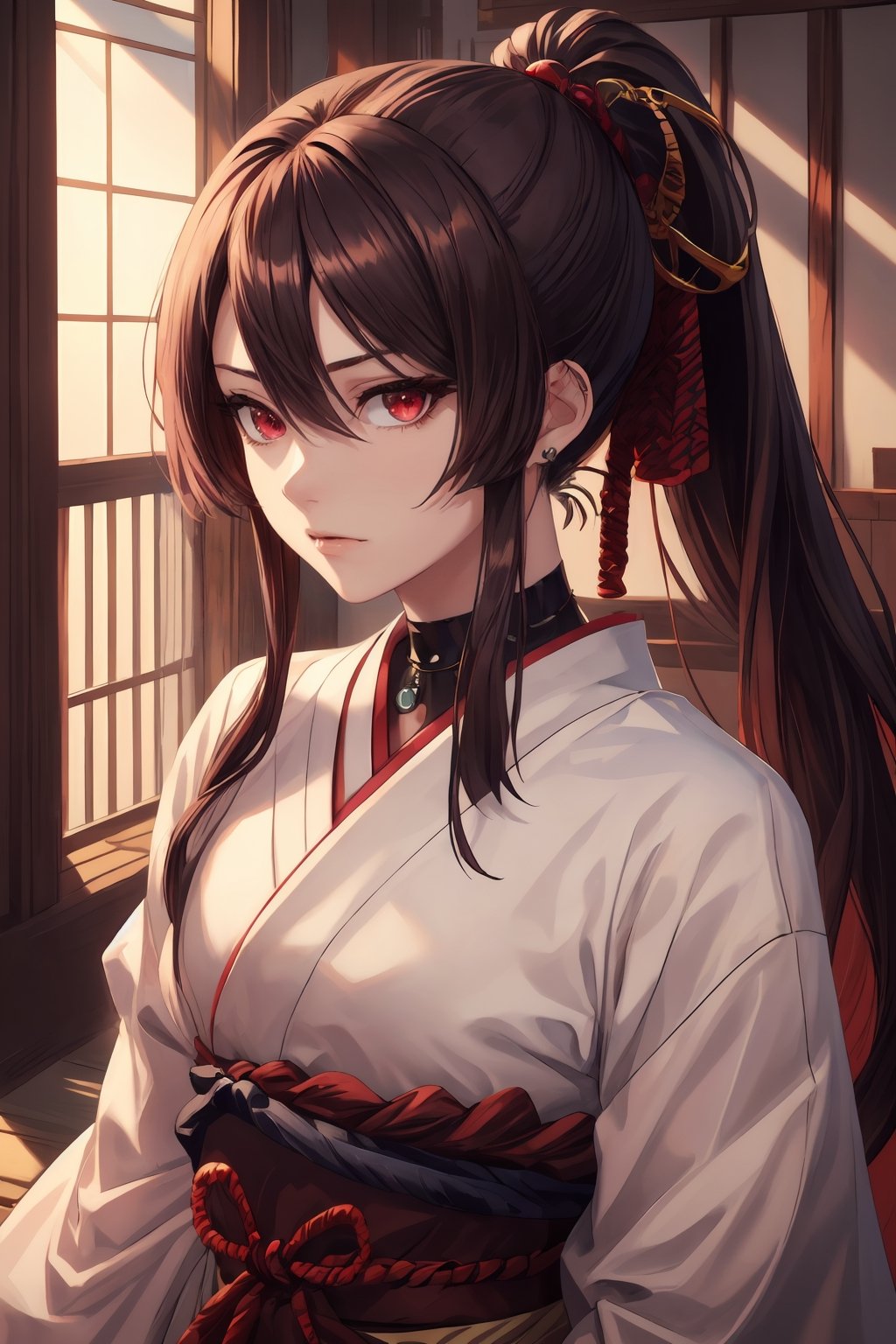 best quality, masterpiece, highres, solo, Yamada Asaemon Sagiri:1.15, brown_hair, long_hair, bangs, red_eyes, hair_between_eyes, sidelocks, jewelry, closed_mouth, ring, upper_body, ponytail,choker,samurai