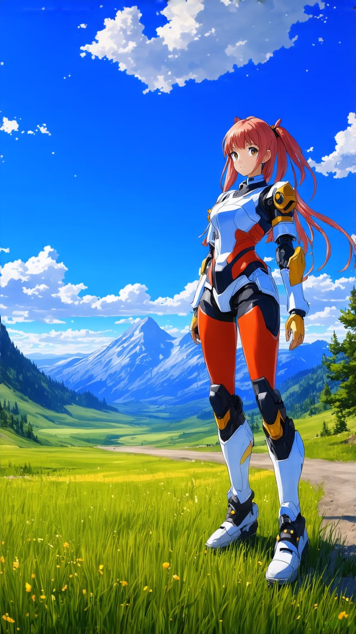 Highly detailed animation of a cyborg girl standing in lamar valley of Yellowstone,20yo,American girl,clear facial features,model body,detailed hair,vibrant colors,perfect body proportions,(highly detailed form-fitting mecha armor),(backdrop:lamarva11ey,outdoors,sky,day, cloud,tree,cloudy sky,grass,nature, beautiful scenery,mountain,winding road,landscape, american bisons,(girl focus)
BREAK 
anime vibes,(fullbody wide shot),rule of thirds,studio photo,(masterpiece,sharp focus,high contrast,HDR, trending on artstation,8K,Hyper-detailed,intricate details,hyper realistic:1.3),cinematic lighting,by Karol Bak, Alessandro Pautasso, Hayao Miyazaki,Ye11owst0ne,ek_real_b00ster,ek_photo_booster