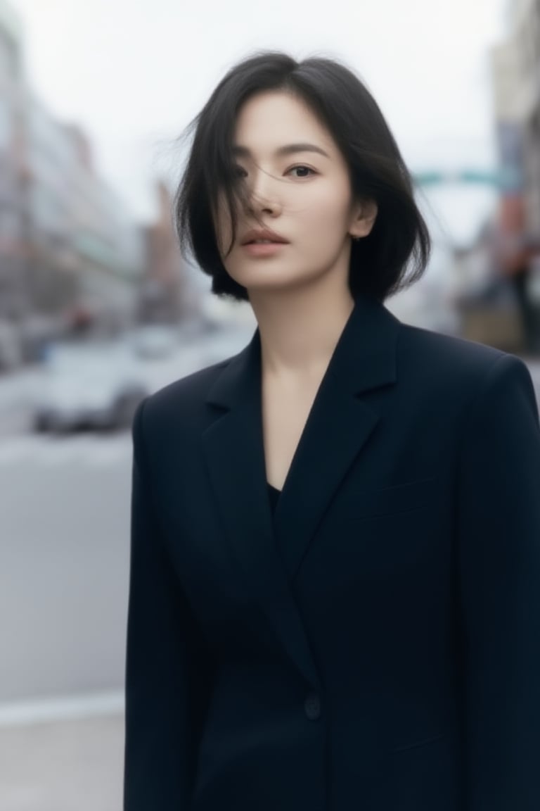 A realistic street portrait of a young woman on a breezy day,  short hair gently moving in the wind,  natural daylight by...