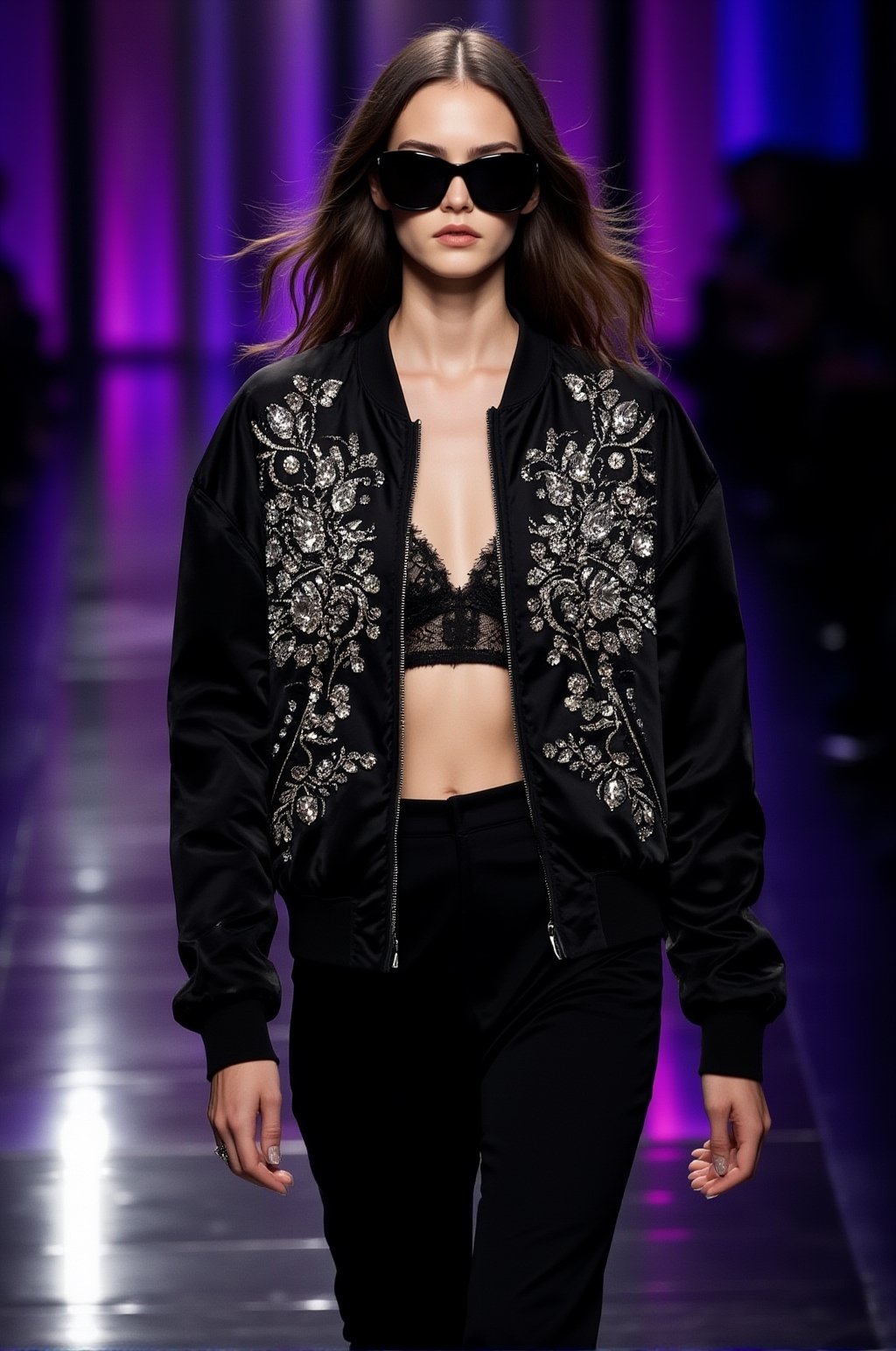 a half-body high-fashion editorial portrait of a glamorous woman walking down a dramatic runway,  wearing an oversized bla...