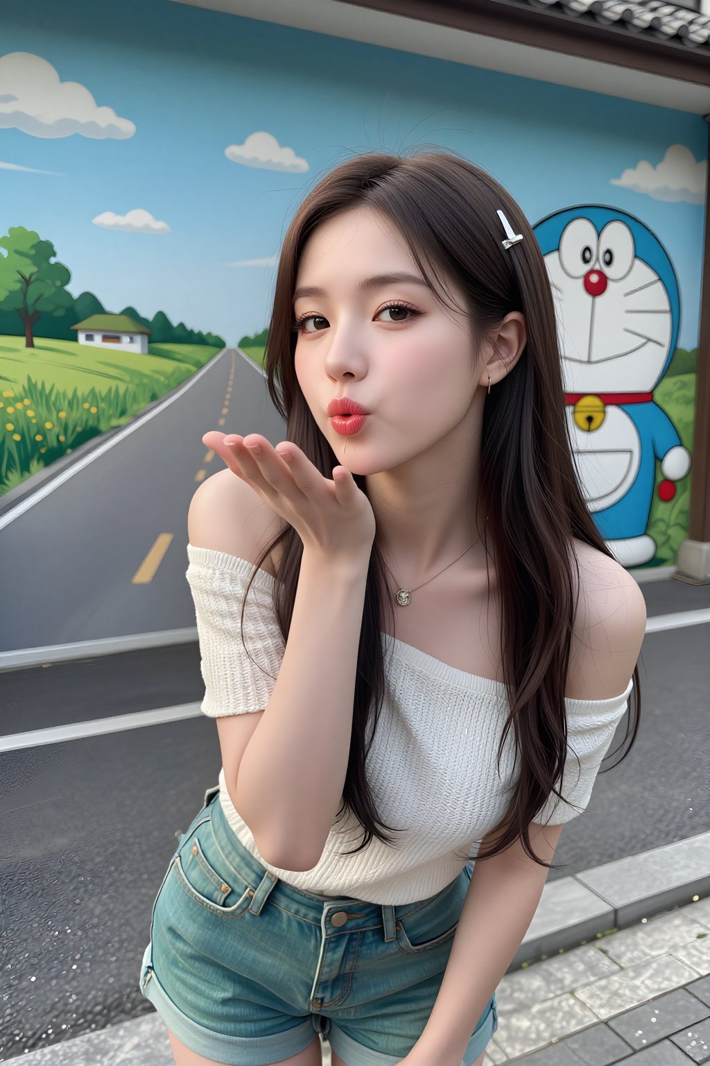 Beautiful and pretty young Korean woman with long hair with a hairpin and one ear is visible. A 25-year-old pretty influen...