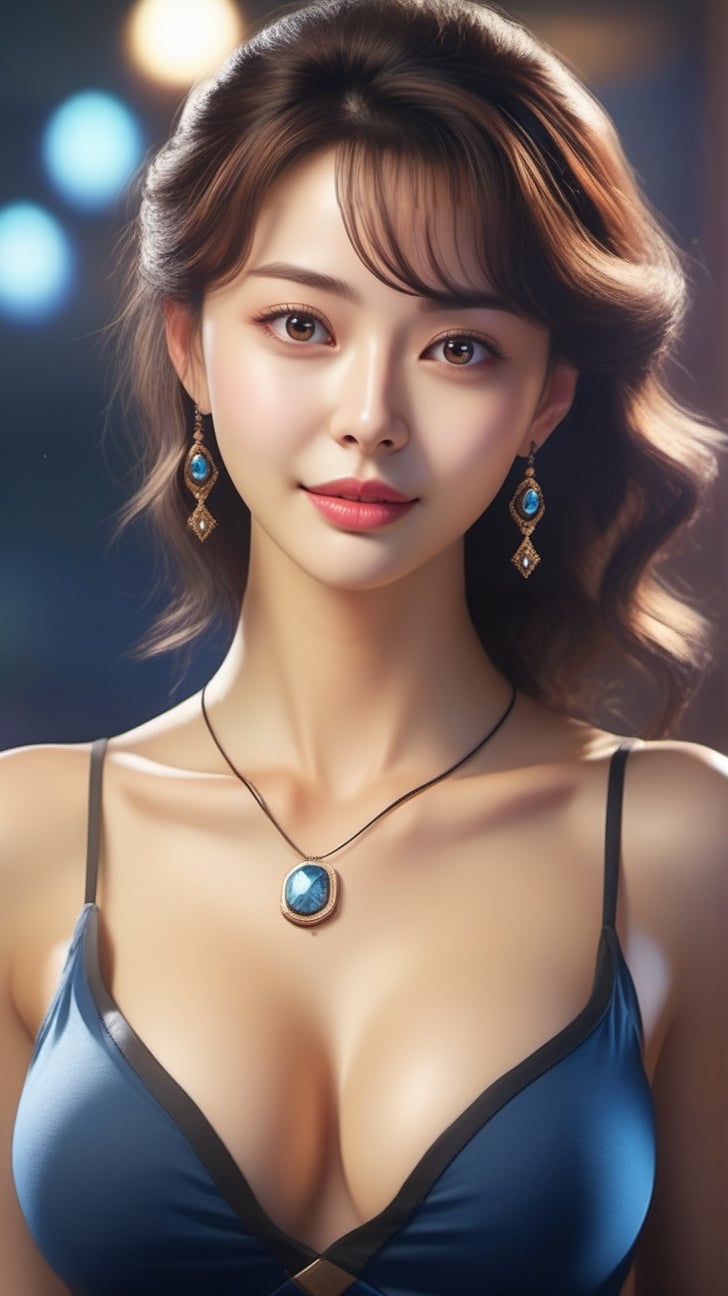 Very (detailed) illustration of a ((best quality)), ((masterpiece)), mesmerizing and alluring female, playful smirk, dishelved hair, detailed eyes, skinny tight clothes, [bare] shoulders, small earrings, necklaces, hourglass_figure, natural huge breasts, glossy skin, high contrast, [colorful], looking at viewer, full body, rule of thirds, cinematic lighting, very sexy pose, (masterpiece, best quality:1.4), (beautiful, aesthetic, perfect, delicate, intricate:1.2), (realistic:1.3), detailmaster2, kwon-nara-xl