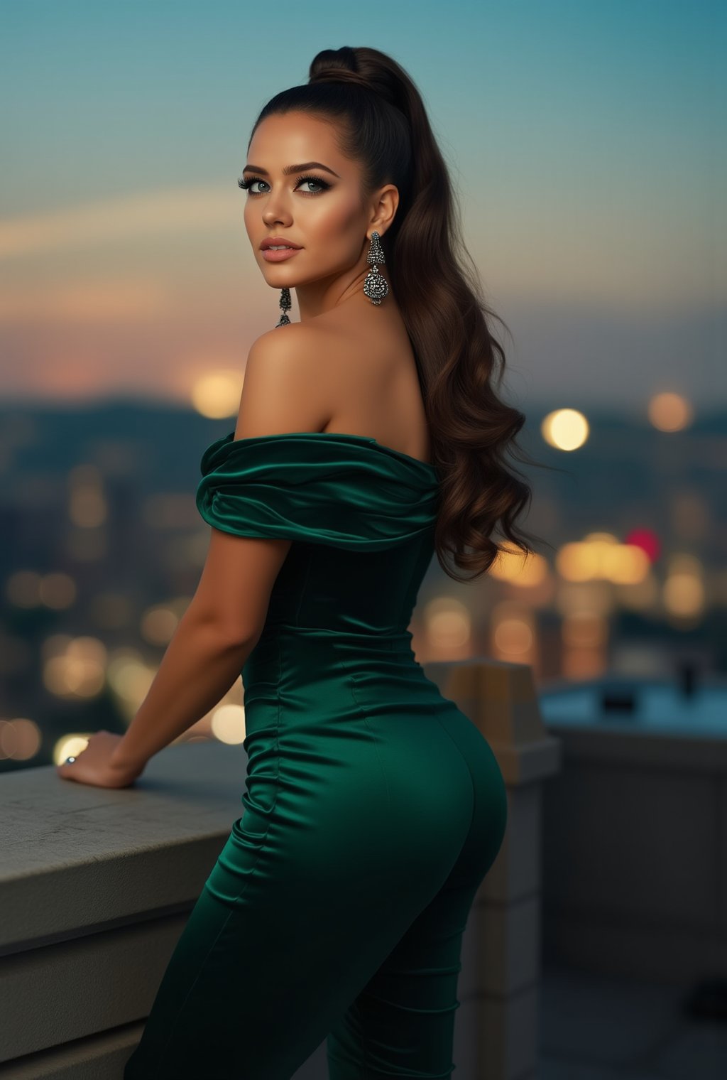 A stunning 22-year-old woman exuding a mix of sensuality and elegance, standing confidently on a city rooftop at dusk. Her hair is styled in a sleek, high ponytail that accentuates her sharp jawline and highlights her striking blue eyes, which are lined with a hint of smoky shadow.

She wears a form-fitting, emerald green velvet dress with an off-the-shoulder neckline that reveals her smooth shoulders and collarbone. The dress falls just below the knee with a subtle mermaid flare, hugging her curves gracefully. The rich color of the fabric catches the ambient light, creating a luxurious sheen with every movement. She completes her look with silver stiletto heels, adding a touch of sparkle and height.

Her accessories are minimal yet elegant — a pair of dangling sapphire earrings that match her dress and a thin silver anklet glinting softly under the city lights. Her expression is both confident and inviting, as she gazes out over the illuminated skyline, the breeze gently lifting her hair. The city lights create a halo of gold and silver around her, enhancing her magnetic allure in the twilight.realistic,detailed,sharp focus,high contrast,trending on artstation,rule of thirds,depth of perspective,chiaroscuro lighting.ek_ph0t0_b00ster,jisosmile