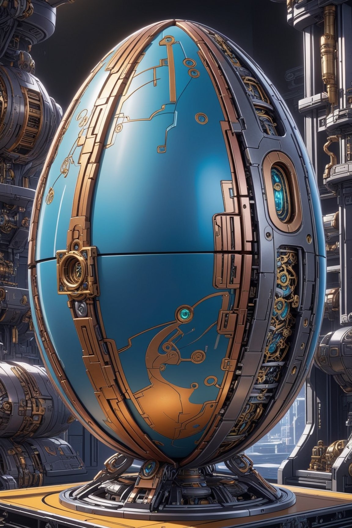 Highly detailed anime of a futuristic mechnical Egg in a secret spaceship,intricate machine parts, steampunk,cyberpunk,vibrant colors,(Disney Pixar-style:1.3)
BREAK 
(anime vibes:1.3),rule of thirds,studio photo,(masterpiece,best quality,trending on artstation,8K,Hyper-detailed,intricate details:1.3),cinematic lighting,by Karol Bak,Antonio López,Gustav Klimt and Hayao Miyazaki, ani_booster,real_booster,art_booster,photo_b00ster