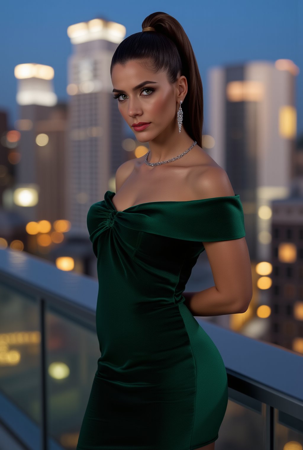 A stunning 22-year-old woman exuding a mix of sensuality and elegance, standing confidently on a city rooftop at dusk. Her hair is styled in a sleek, high ponytail that accentuates her sharp jawline and highlights her striking blue eyes, which are lined with a hint of smoky shadow.

She wears a form-fitting, emerald green velvet dress with an off-the-shoulder neckline that reveals her smooth shoulders and collarbone. The dress falls just below the knee with a subtle mermaid flare, hugging her curves gracefully. The rich color of the fabric catches the ambient light, creating a luxurious sheen with every movement. She completes her look with silver stiletto heels, adding a touch of sparkle and height.

Her accessories are minimal yet elegant — a pair of dangling sapphire earrings that match her dress and a thin silver anklet glinting softly under the city lights. Her expression is both confident and inviting, as she gazes out over the illuminated skyline, the breeze gently lifting her hair. The city lights create a halo of gold and silver around her, enhancing her magnetic allure in the twilight.realistic,detailed,sharp focus,high contrast,trending on artstation,rule of thirds,depth of perspective,chiaroscuro lighting.ek_ph0t0_b00ster,jisosmile