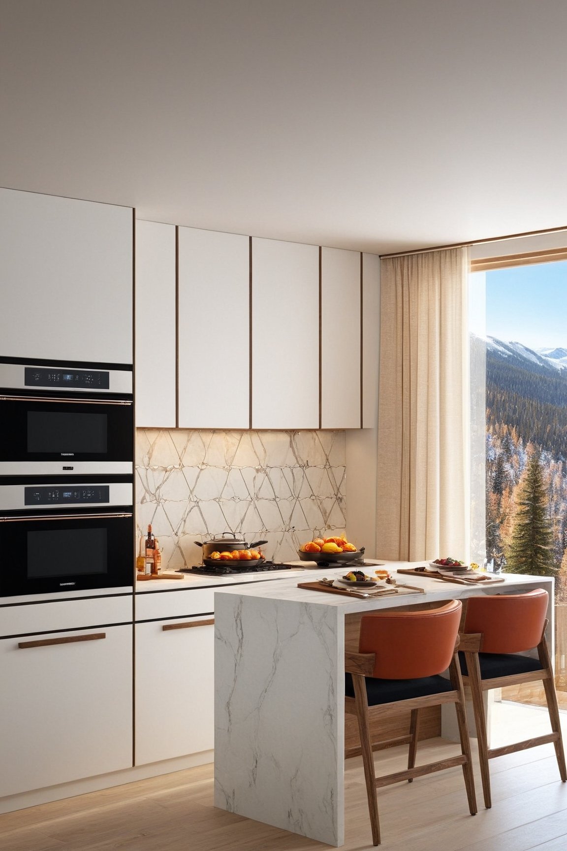 ((Hyper-Realistic)) photo of luxurious modern kitchen in a cabin of winter resort,countertop,electric stove,cabinet,dining table with 4 chairs,tiled wall,refrigerator,window,curtains,lamp,door, black and white and [other vivid] colors
BREAK
aesthetic, rule of thirds,depth of perspective,studio photo,trending on artstation,(Hyper-realistic photography, masterpiece,ultra-detailed,intricate details,16K,sharp focus,high contrast,kodachrome 800,HDR:1.2),by Antonio Lopez,Diego Koi,David Parrish,Canaletto and Edward Hopper,
w1nter res0rt,H effect,art_booster,ani_booster