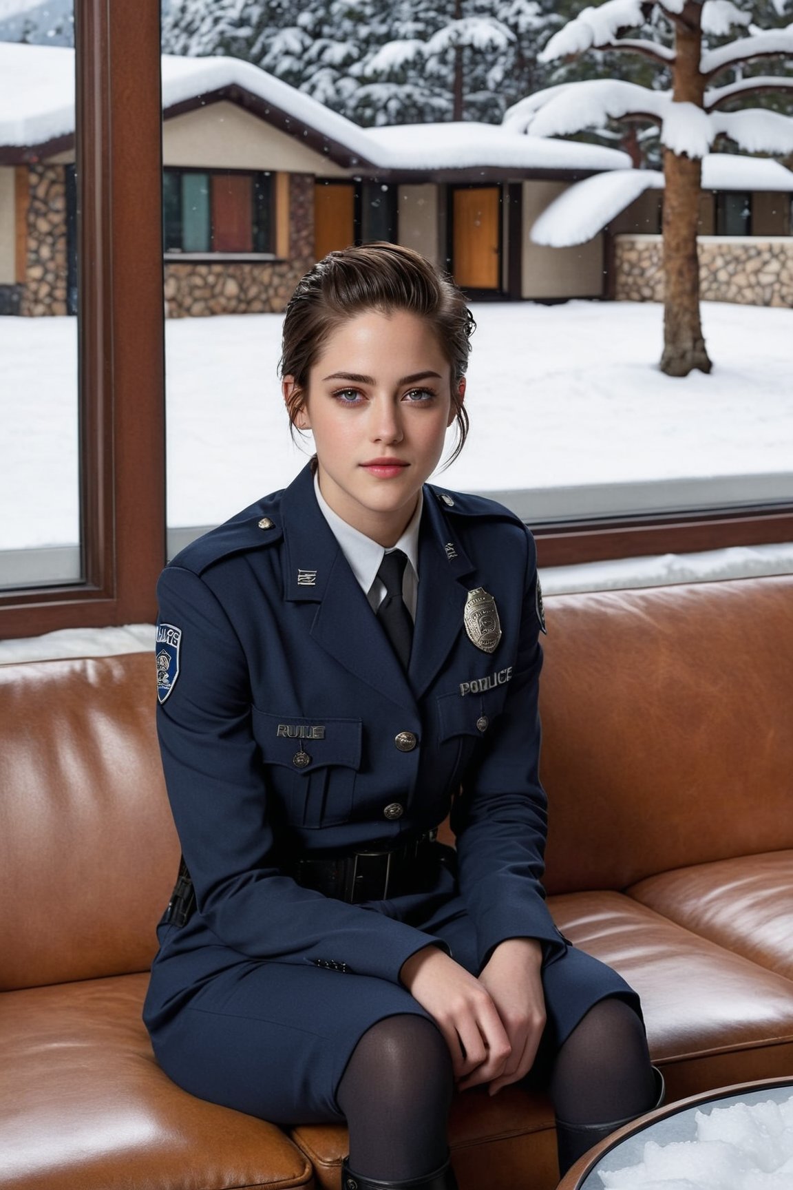 Hyper-Realistic photo of a beautiful LAPD police officer sitting on a sofa in a winter resort house,20yo,1girl,solo,LAPD police uniform,cap,detailed exquisite face,soft shiny skin,smile,looking at viewer,Kristen Stewart lookalike,cap,fullbody:1.3
BREAK
backdrop:livingroom,table,sofa,window,snow,tree,girl focus,[cluttered maximalism]
BREAK
settings: (rule of thirds1.3),perfect composition,studio photo,trending on artstation,depth of perspective,(Masterpiece,Best quality,32k,UHD:1.4),(sharp focus,high contrast,HDR,hyper-detailed,intricate details,ultra-realistic,kodachrome 800:1.3),(cinematic lighting:1.3),(by Karol Bak$,Alessandro Pautasso$,Gustav Klimt$ and Hayao Miyazaki$:1.3),art_booster,photo_b00ster, real_booster,w1nter res0rt