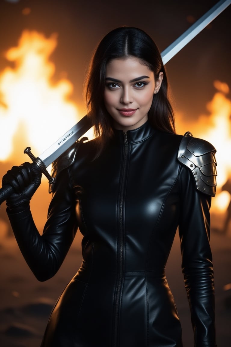 chic 20yo woman,  stylish bust shot,  wearing a sleek black leather warrior outfit with metallic shoulder guards by Eclips...