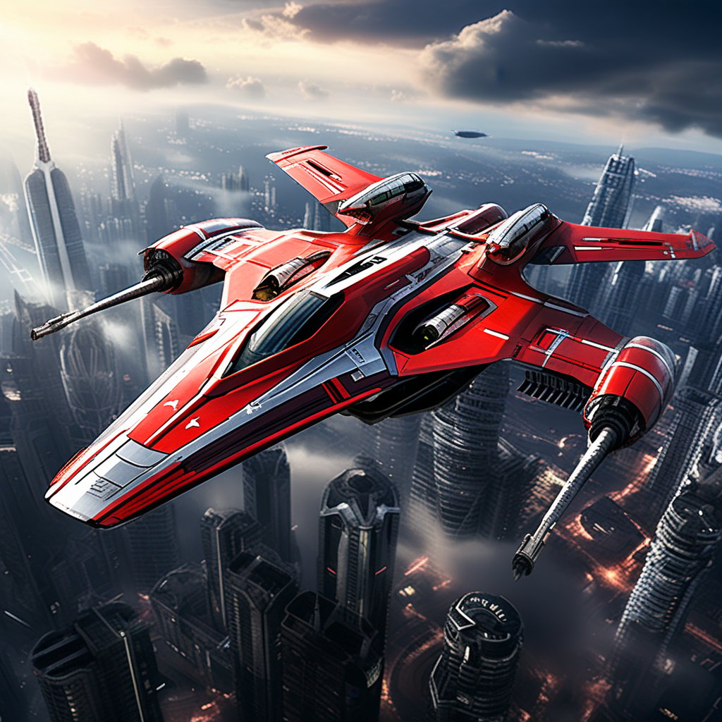 A realistic photo of starship x-wing starfighter in Star Wars universe,  red striped body,  flying over a futuristic city...