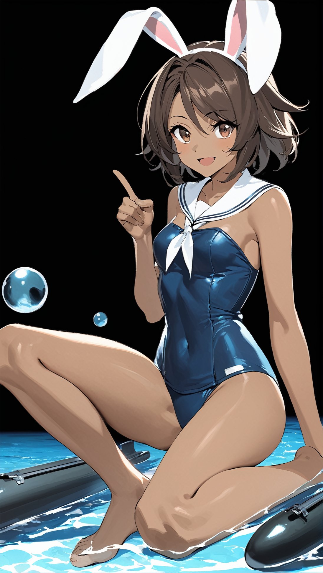 Hyper-Detailed Anime of I-26 \(Azur Lane\),1girl, solo, breasts, looking at viewer, smile, short hair, open mouth, simple background, brown hair, black hair, animal ears, bare shoulders, brown eyes, sitting, swimsuit, full body, small breasts, barefoot, dark skin, sailor collar, rabbit ears, dark-skinned female, one-piece swimsuit, strapless, covered navel, detached collar, school swimsuit, black background, index finger raised, bubble, white sailor collar, blue one-piece swimsuit, toeless legwear, watercraft, torpedo, strapless swimsuit,cluttered maximalism
BREAK
(rule of thirds:1.3),(thick drawing lines:1.3),perfect composition,studio photo,trending on artstation,(Masterpiece,Best quality,32k,UHD,sharp focus,high contrast,HDR,hyper-detailed,intricate details,ultra-clear:1.3),(cinematic lighting),by Karol Bak,Gustav Klimt and Hayao Miyazaki,ani_booster,real_booster,art_booster