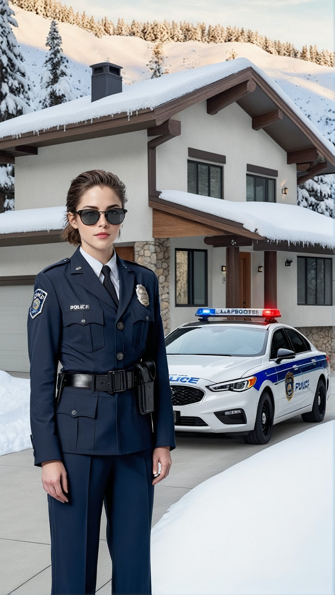 Hyper-Realistic photo of a beautiful LAPD police officer standing in front of a winter resort house,20yo,1girl,solo,LAPD police uniform,cap,detailed exquisite face,soft shiny skin,smile,sunglasses,looking at viewer,Kristen Stewart lookalike,cap,fullbody:1.3
BREAK
backdrop:luxurious modern resort house,police car,road,snow,tree,girl focus,[cluttered maximalism]
BREAK
settings: (rule of thirds1.3),perfect composition,studio photo,trending on artstation,depth of perspective,(Masterpiece,Best quality,32k,UHD:1.4),(sharp focus,high contrast,HDR,hyper-detailed,intricate details,ultra-realistic,kodachrome 800:1.3),(cinematic lighting:1.3),(by Karol Bak$,Alessandro Pautasso$,Gustav Klimt$ and Hayao Miyazaki$:1.3),art_booster,photo_b00ster, real_booster,w1nter res0rt