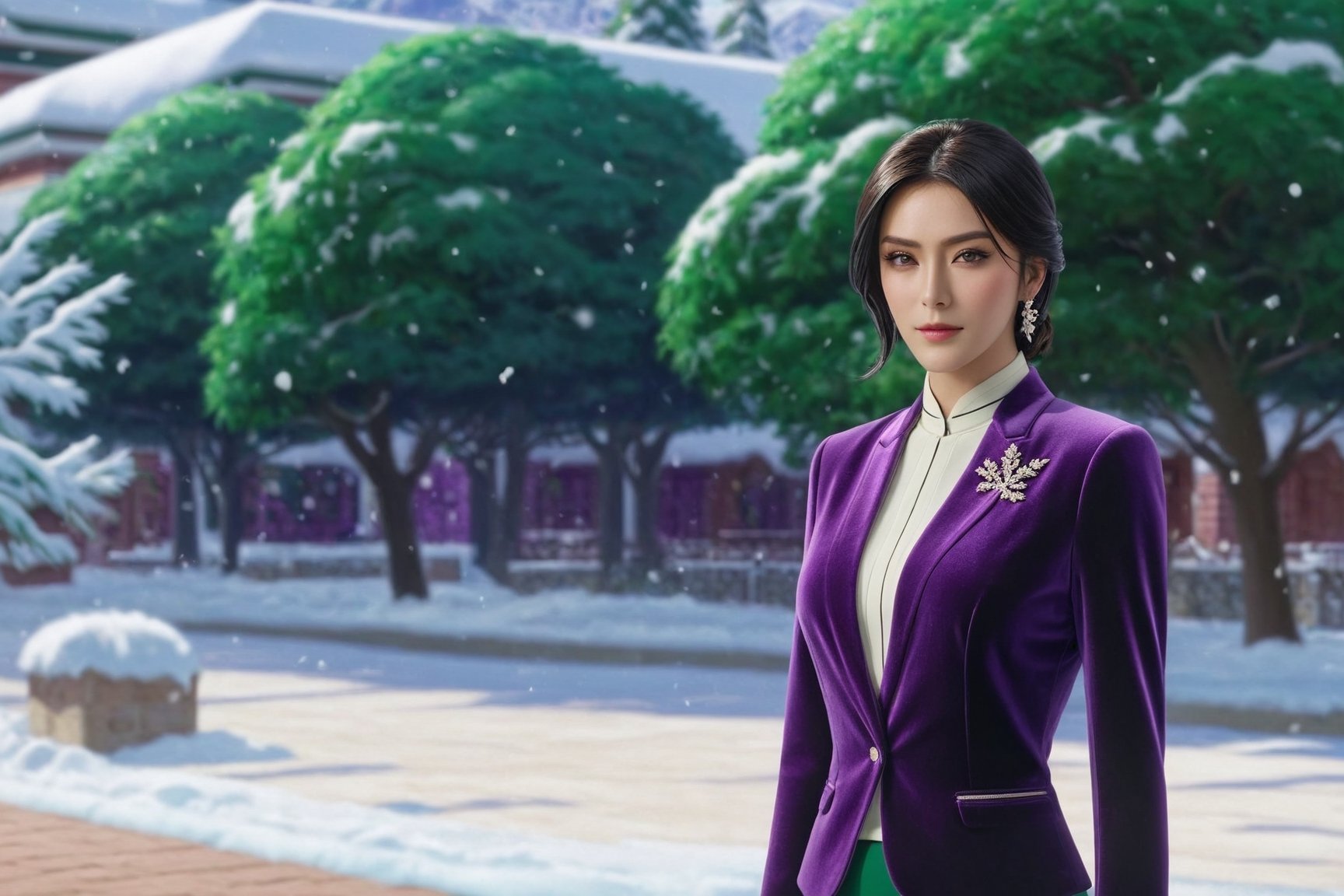 portrait of a sophisticated girl standing in front of resort center,20yo,alluring neighbor's wife,clear facial features,detailed exquisite face,perfect female form,elegant jacket on shirt and short skirt,detailed resort center backdrop,snow,trees, (Emerald Green,Salmon Rose,Velvet Violet,Ivory Cream color),
trending on artstation,perfect composition,cinematic lighting,(anime vibes:1.2),kuchiki rukia,real_booster, ani_booster,niji5,art_booster,(wide shot:1.4) 
BREAK
(resort center:luxurious modern style building,windows,brick walls,shop,sign,snow,trees,road,parking area:1.3), w1nter res0rt,(resort center focus:1.3)