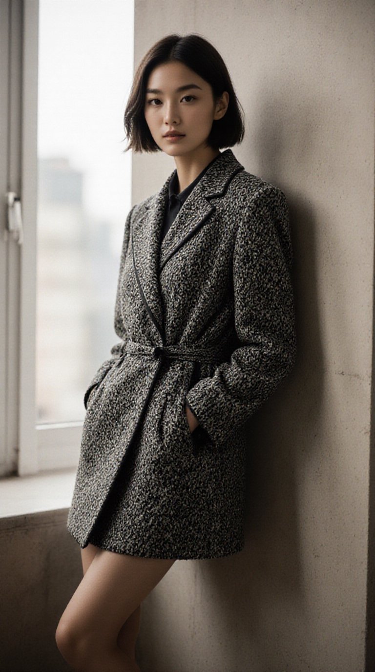 Candid editorial fashion photograph of a 20yo runway woman with short hair,  slightly leaning against a wall with relaxed...