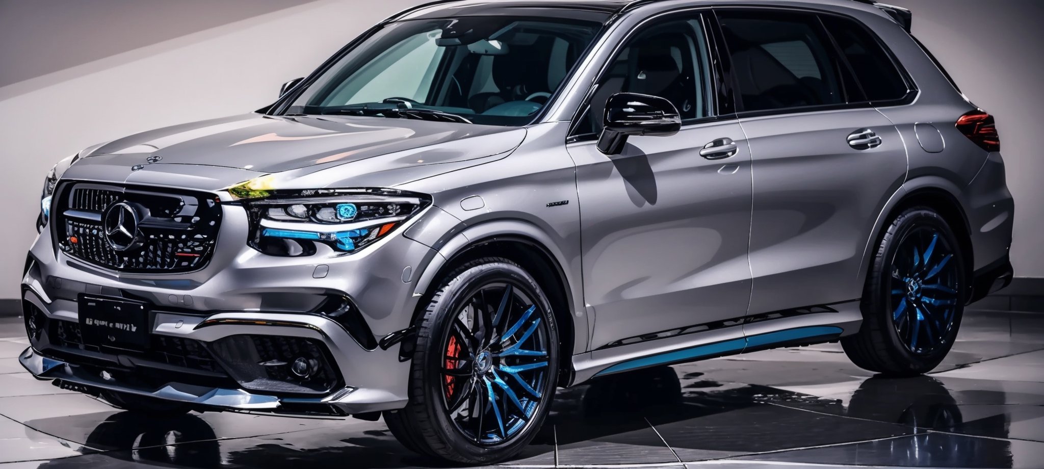 dark irony gray with blue undertone color futuristic 4x4 luxury sports SUV, spinning wheels, mercedes-maybach style alloy rims with red edges, toyota tentury suv, porsche, honda crv, brabus, subaru, nissan, mitsubishi