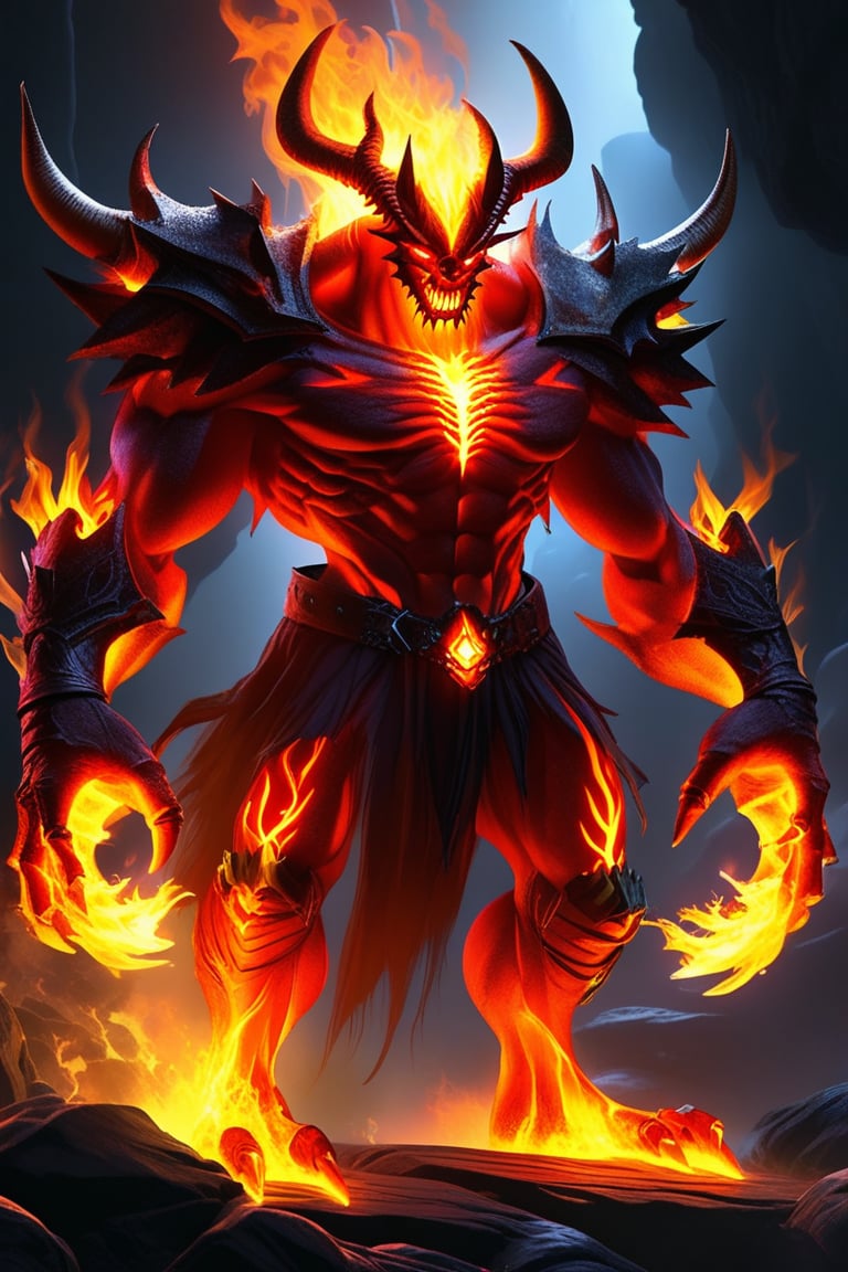 a devil monster stands in dark cave. He uses the magic ring and turns into the ultimate form of a fire magic \(ek_ge1frt\)...
