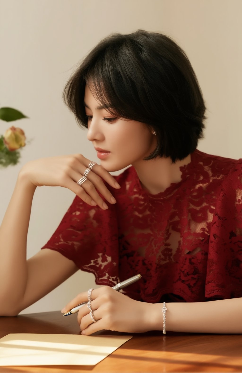 High-end jewelry editorial portrait of a young woman seated at a wooden table indoors,  tousled short hair,  wearing a dee...