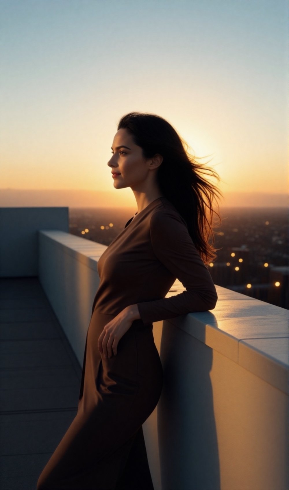 A cinematic rooftop sunset fashion scene featuring a confident adult woman overlooking the city skyline. She stands near t...
