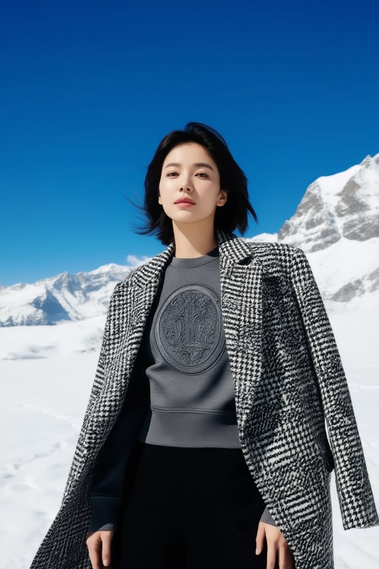A high-end fashion editorial medium shot of a modern 20yo korean woman with elegant short hair,  fully visible face with n...
