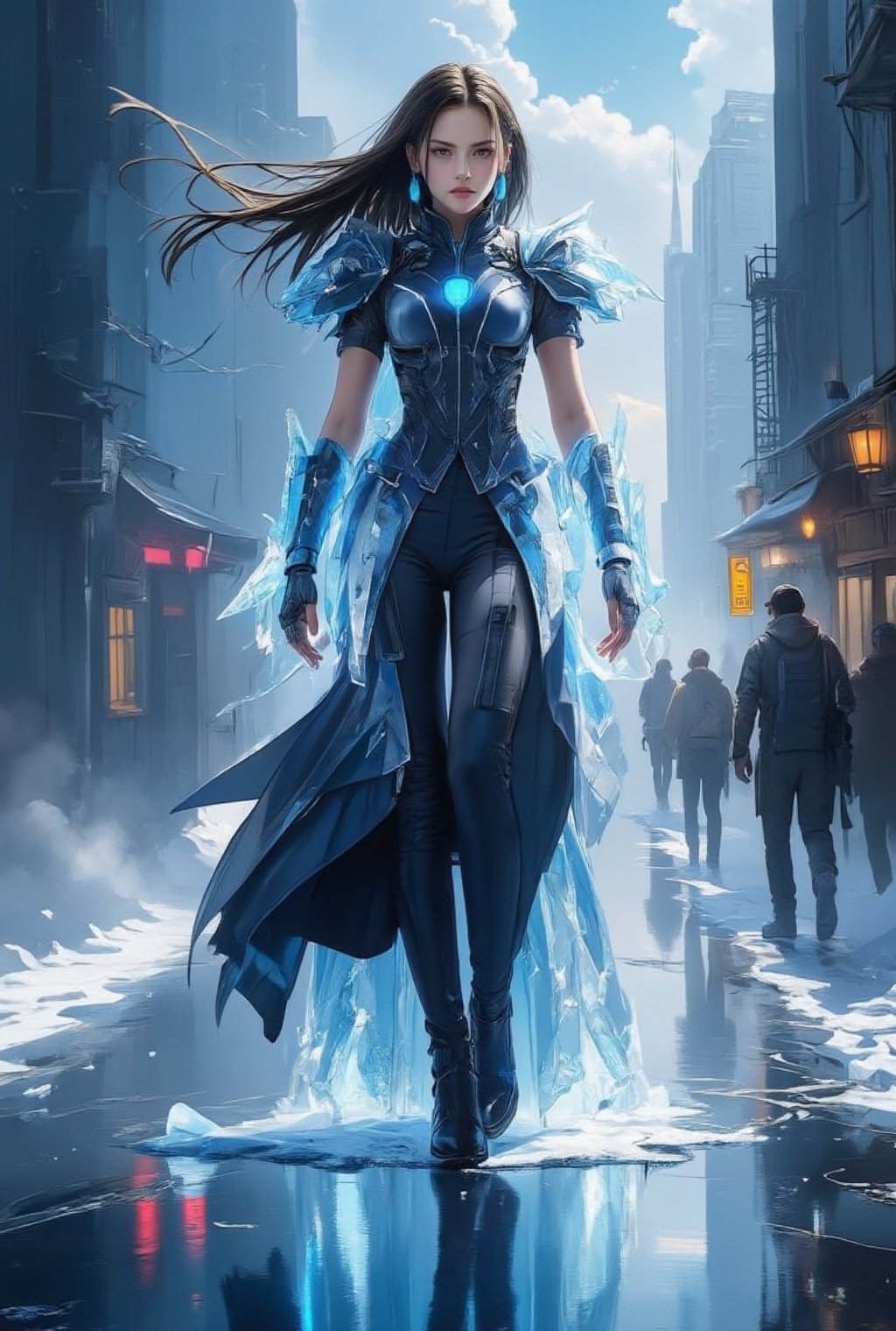 a beautiful girl standing.ice sorceress attacking enemy with ice pillars, detailed exquisite face,dynamic pose,model body,ek_game_3ffect,,ek_art_b00ster, city street,puddles,sky,cloud, by the style of Makoto Shinkai's artwork,beauy_ks01,ek_an1_b00ster,head to thigh shot,ek_ges1ba,