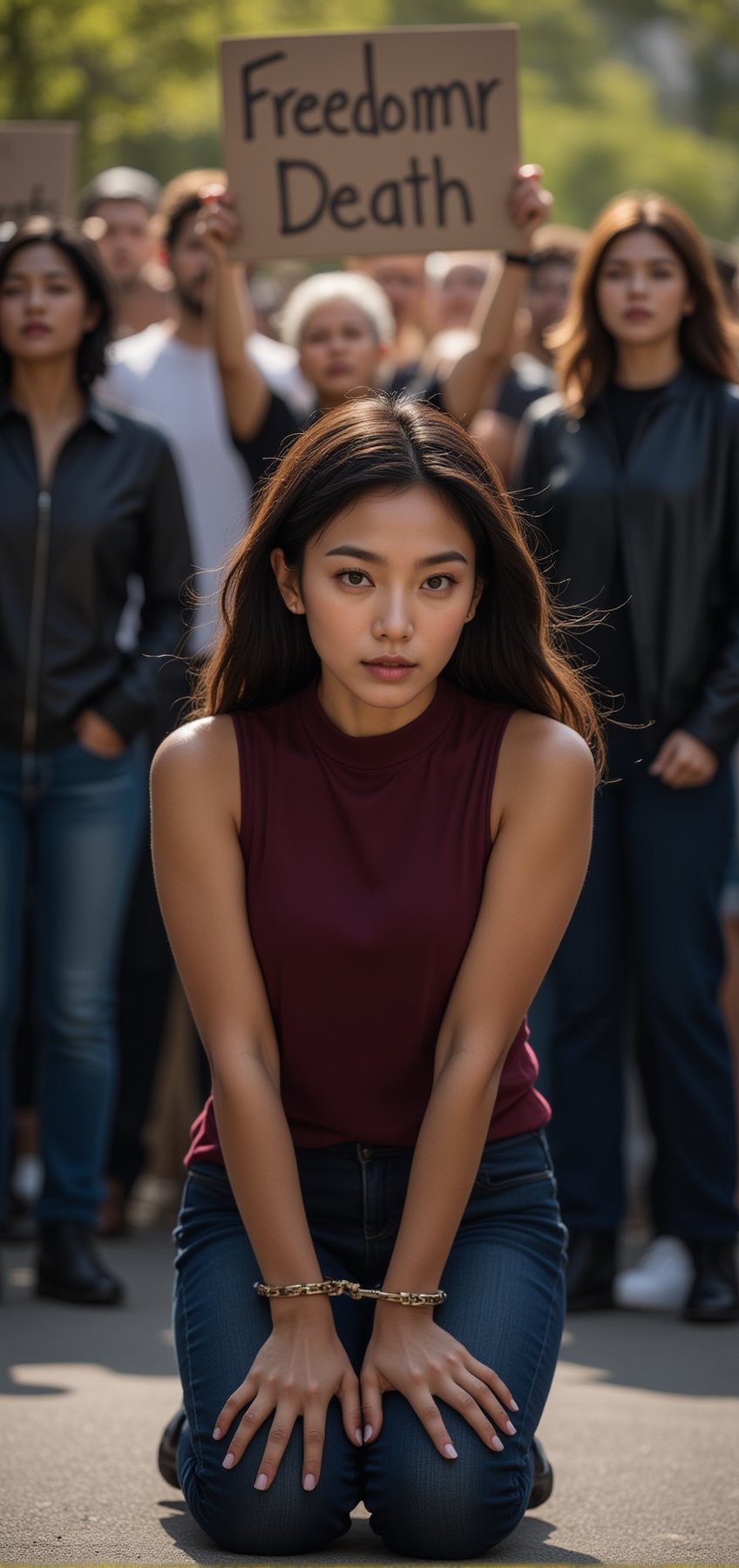 A young woman kneels on the ground, her hands cuffed behind her back, yet her gaze remains fierce and defiant. She wears a determined expression, refusing to show fear even in captivity. Behind her, a passionate crowd holds up a 'Freedomr Death' sign, their faces filled with anger and solidarity. The intensity of the scene captures the spirit of resistance, highlighting the woman’s bravery and the unwavering demand for justice in the face of oppression.
BREAK
detailed exquisite face,soft shiny skin,realistic,detailed,sharp focus,high contrast,rule of thirds,depth of perspective,award-winning photo,chiaroscuro lighting,ek_g1rl_02