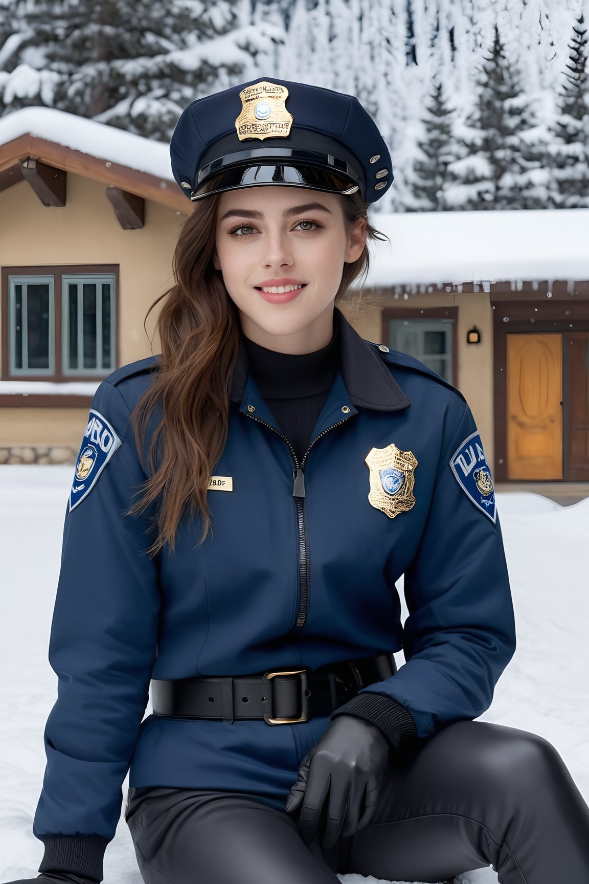 Hyper-Realistic photo of a beautiful LAPD police officer sitting in a winter resort,20yo,1girl,solo,LAPD police uniform,cap,detailed exquisite face,soft shiny skin,smile,looking at viewer,Kristen Stewart lookalike,cap,sunglasses,fullbody:1.3
BREAK
backdrop:winter resort house,snow,road,tree,[cluttered maximalism]
BREAK
settings: (rule of thirds1.3),perfect composition,studio photo,trending on artstation,depth of perspective,(Masterpiece,Best quality,32k,UHD:1.4),(sharp focus,high contrast,HDR,hyper-detailed,intricate details,ultra-realistic,kodachrome 800:1.3),(cinematic lighting:1.3),(by Karol Bak$,Alessandro Pautasso$,Gustav Klimt$ and Hayao Miyazaki$:1.3),art_booster,photo_b00ster, real_booster,w1nter res0rt