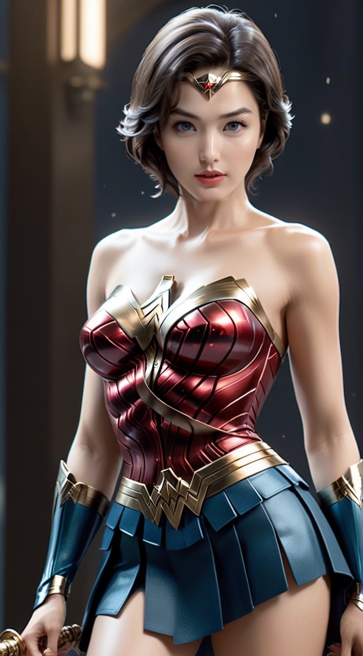 A sophisticated woman,detailed exquisite symmetric face,soft shiny skin,detailed eyes,sharp nose,short hair,hourglass figure,perfect female form,slim and tall model body,bokeh,mesmerizing and alluring,looking at viewer,rule of thirds,by SakimiChan and Yoji Shinkawa and serafleur,(head to thigh sideview:1.3),more detail XL,wonder-woman-xl,jeon_jihyun