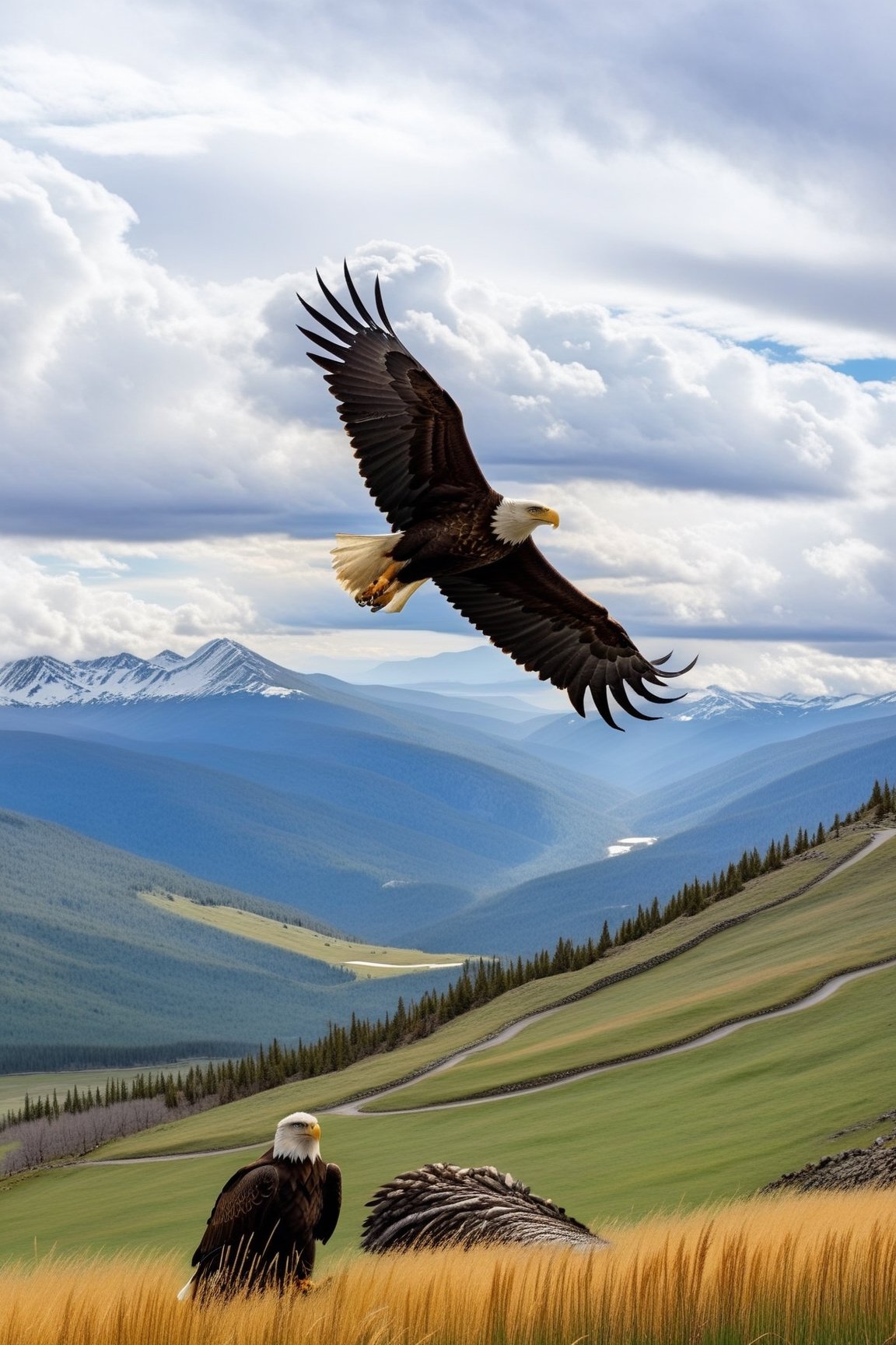 Hyper-Realistic photo of an eagle flying in the sky,  cluttered maximalism BREAK (backdrop of lamarva11ey,  outdoors by Ec...