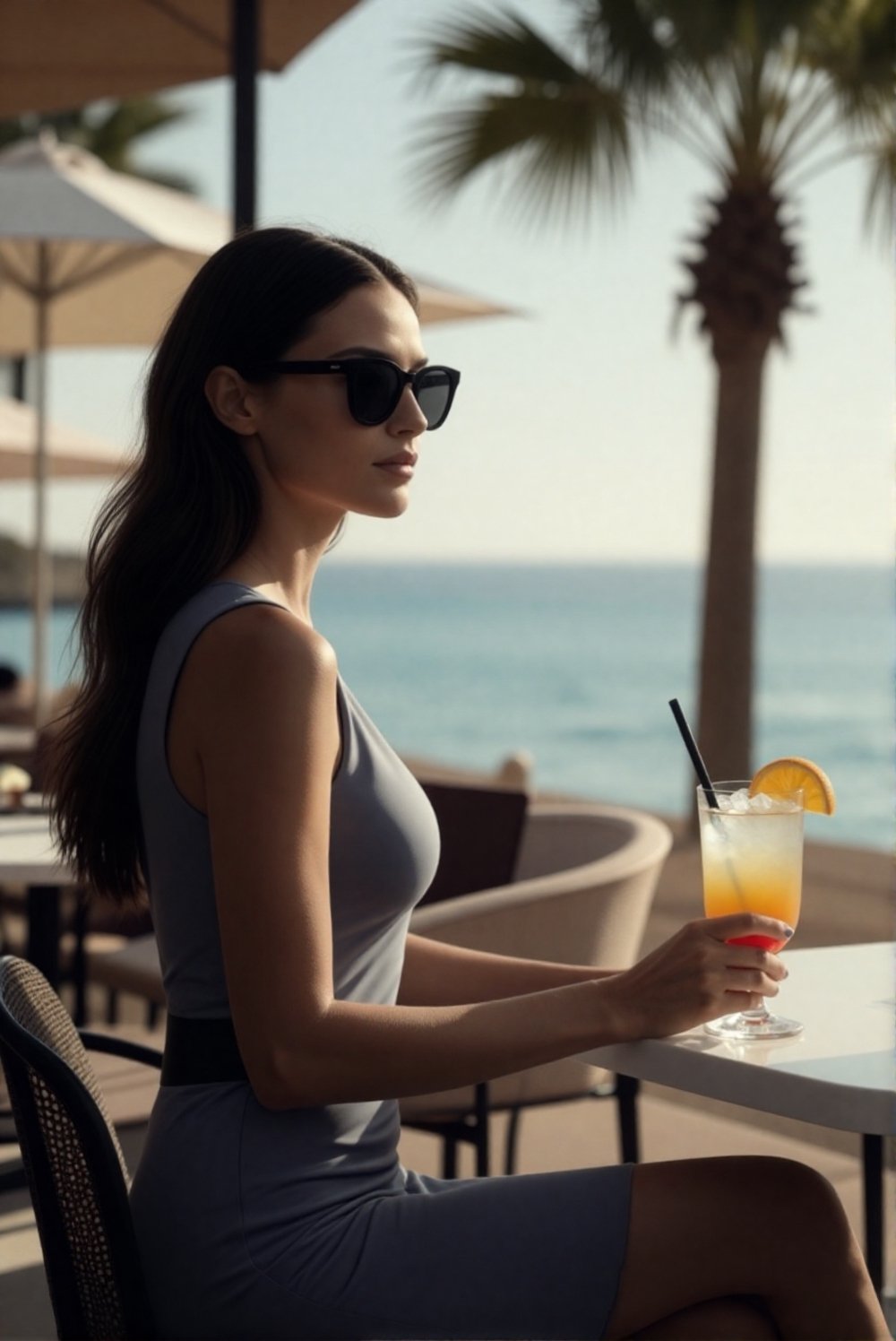 A stylish lifestyle fashion scene featuring a confident adult woman relaxing at a seaside outdoor café. She is an elegant,...