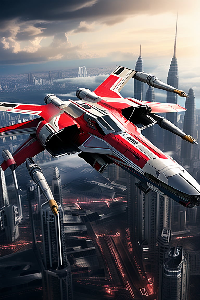 A realistic photo of starship x-wing starfighter in Star Wars universe,  red striped body,  flying over a futuristic city...