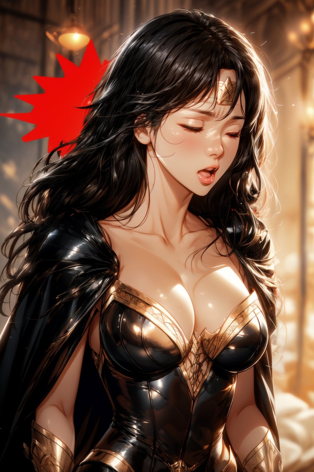 wonder_woman clad in black cloak, struck by monster, closed eyes, face in pain, open mouth  BREAK burning secret base, fire everywhere BREAK hourglass bodyshape, natural huge breasts, glossy lips, BREAK (masterpiece, best quality, ultra-detailed, 8K), (realistic:1.2), (intricate:1.2), rule of thirds BREAK cinematic shot, detailed face, cinematic lighting,1 girl