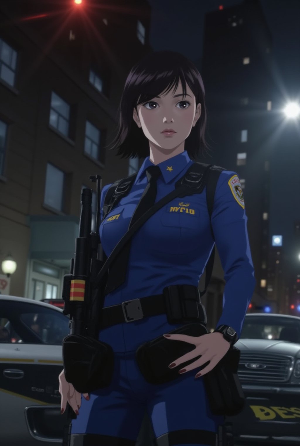 Anime of a beautiful police woman,NYPD,uniform,rifle,city street backdrop,police car,strobes,[[night]],lights,cable,realistic,detailed,sharp focus,high contrast,rule of thirds,(chiaroscuro lighting,spot light on face:1.2),by the style of Hayao Miyazaki and makoto shinkai's artworks,ek_art_b00ster,ek_an1_b00ster,gal gadot