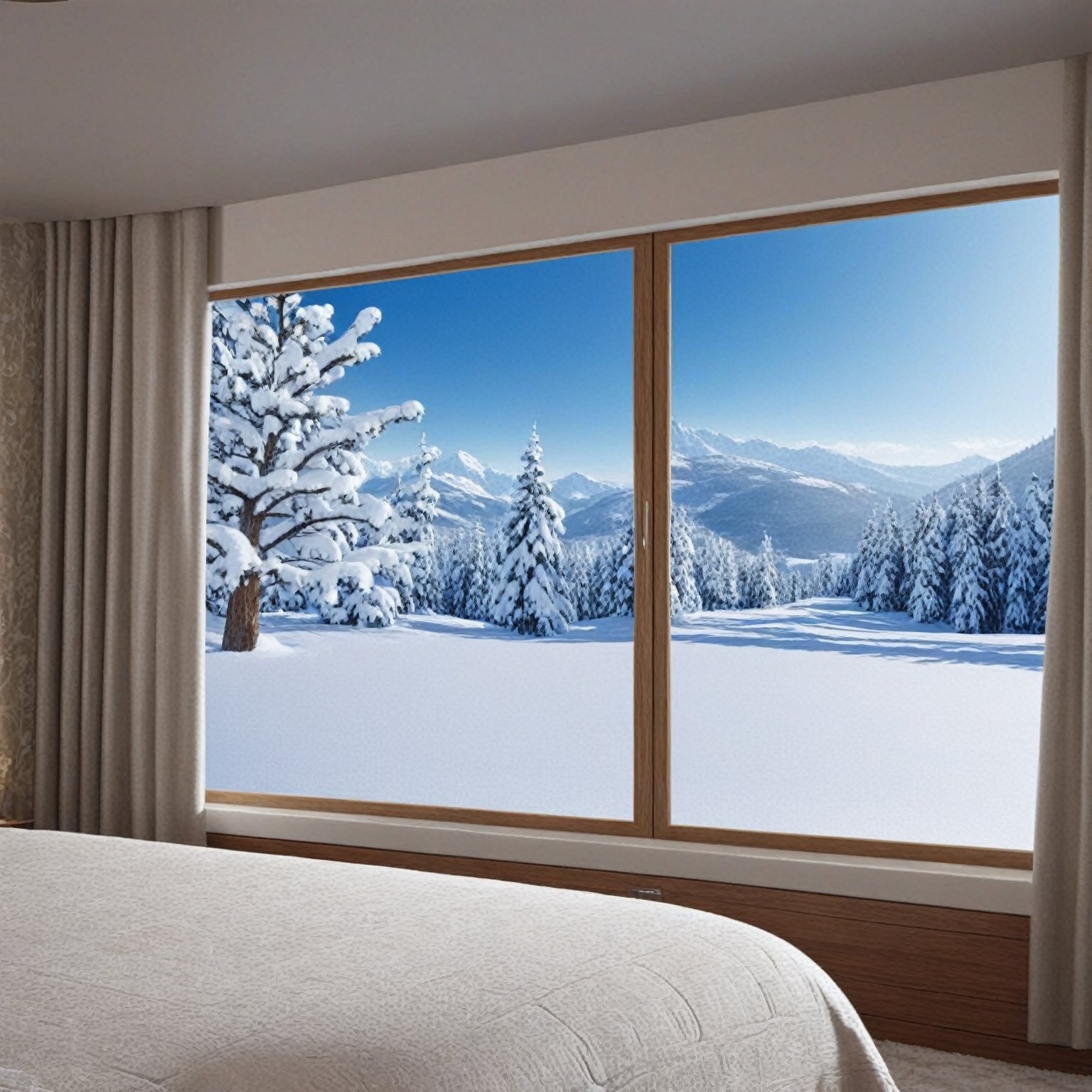 A realistic photo of bedroom in winter resort, pillow,lamp,curtains,window,wall-mount TV,mirror,snow,tree, luxurious,bed focus,(hyper detailed,16K,HDR,hyper-realistic,sharp focus,high contrast,kodachrome 800:1.2),w1nter res0rt,H effect,art_booster,ani_booster