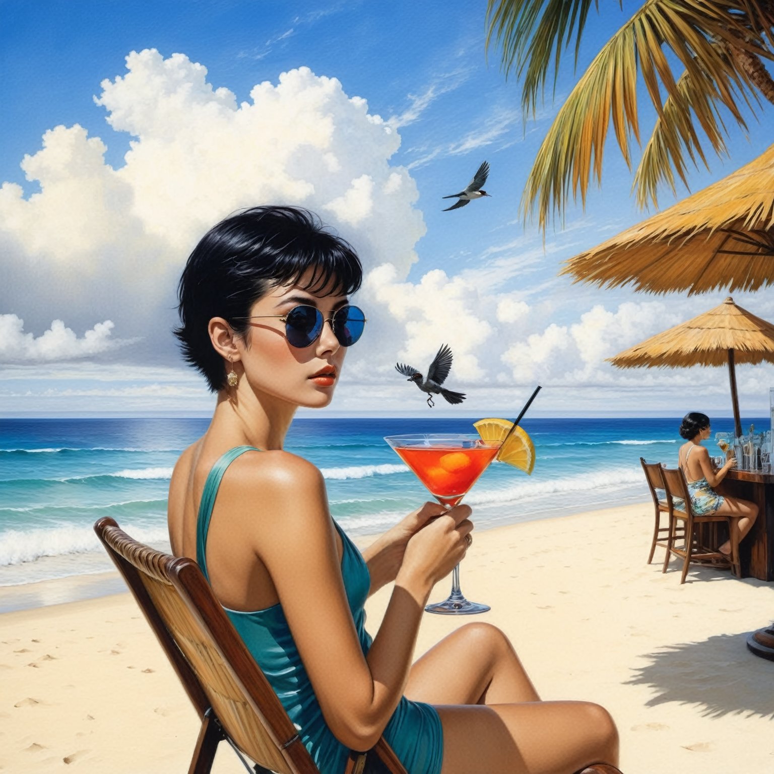 Hyper-Realistic photo of a beautiful girl sitting at a cocktail bar on a beach,  detailed exquisite face,  short black hai...