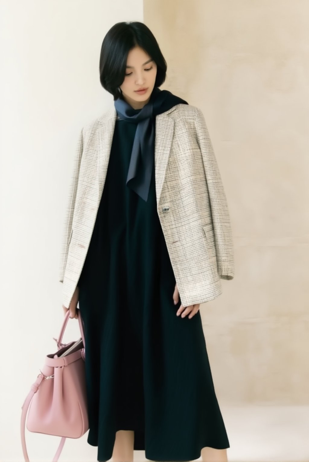 A realistic fashion portrait of a 20yo young woman,  standing in a relaxed editorial pose. Medium full-body framing,  stra...