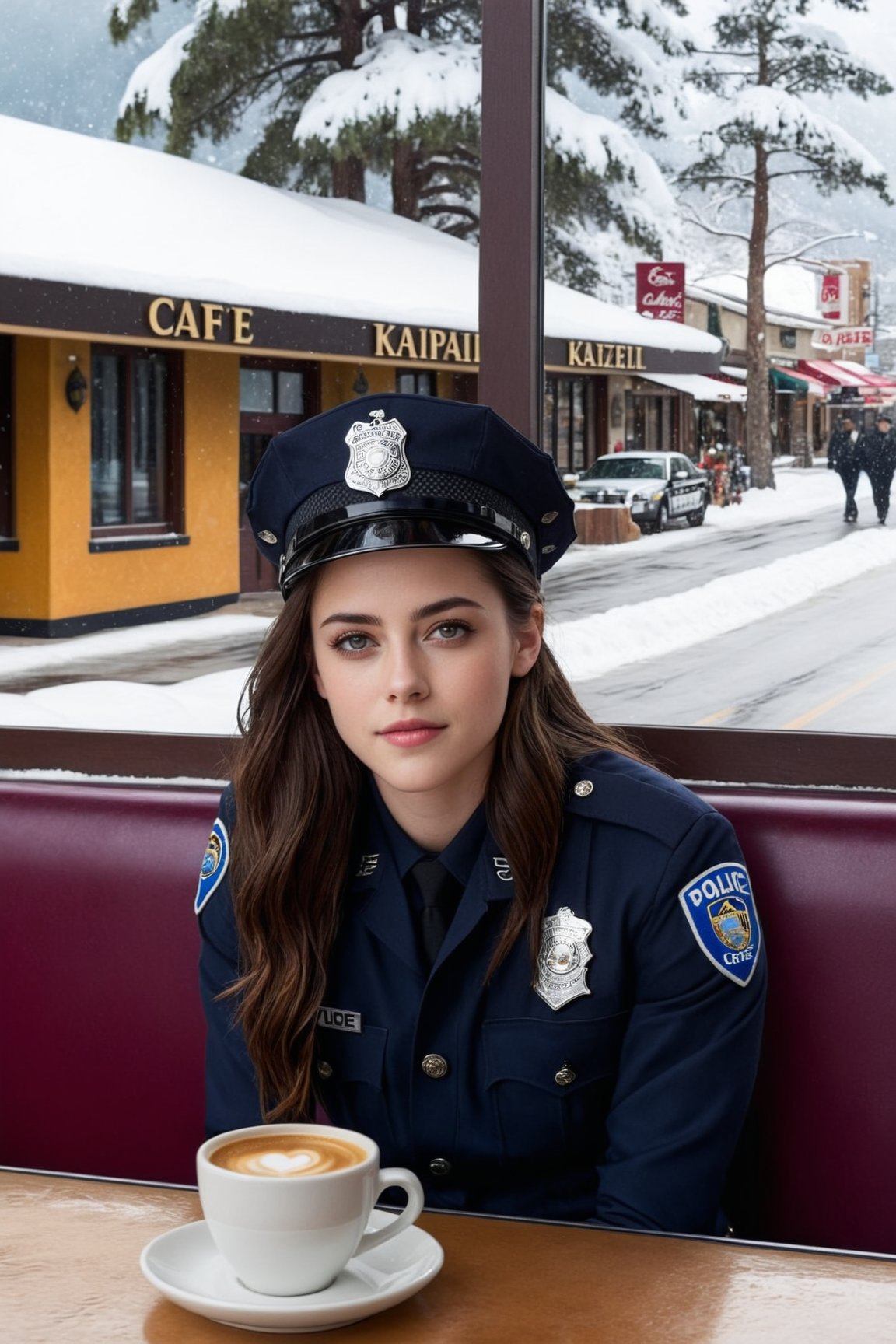 Hyper-Realistic photo of a beautiful LAPD police officer sitting in a cafe in winter resort,20yo,1girl,solo,LAPD police uniform,cap,detailed exquisite face,soft shiny skin,smile,looking at viewer,Kristen Stewart lookalike,cap,sunglasses,fullbody:1.3
BREAK
backdrop:cafe,table,coffee mug,window,snow,road,police car,tree,girl focus,[cluttered maximalism]
BREAK
settings: (rule of thirds1.3),perfect composition,studio photo,trending on artstation,depth of perspective,(Masterpiece,Best quality,32k,UHD:1.4),(sharp focus,high contrast,HDR,hyper-detailed,intricate details,ultra-realistic,kodachrome 800:1.3),(cinematic lighting:1.3),(by Karol Bak$,Alessandro Pautasso$,Gustav Klimt$ and Hayao Miyazaki$:1.3),art_booster,photo_b00ster, real_booster,w1nter res0rt