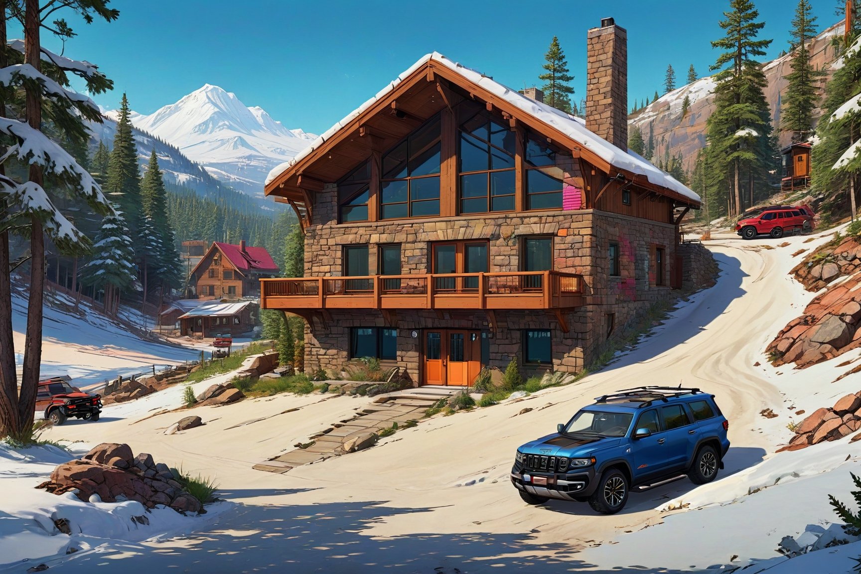 a beautiful cabin on a hill street,outdoors,modern style luxury cabin,luxurious brick concrete stone wall material,snow,window,trees,vibrant colors,(cool SUV in front of cabin:1.5),cool,aesthetic,rule of thirds,studio photo,trending on artstation,(cabin and SUV focus),(masterpiece,8k,sharp focus,kodachrome 800,high contrast,masterpiece,HDR,hyper-realistic,ultra-detailed:1.2),H effect,real_booster,art_booster, ani_booster,more detail XL,ani_booster,Comic Book-Style 2d