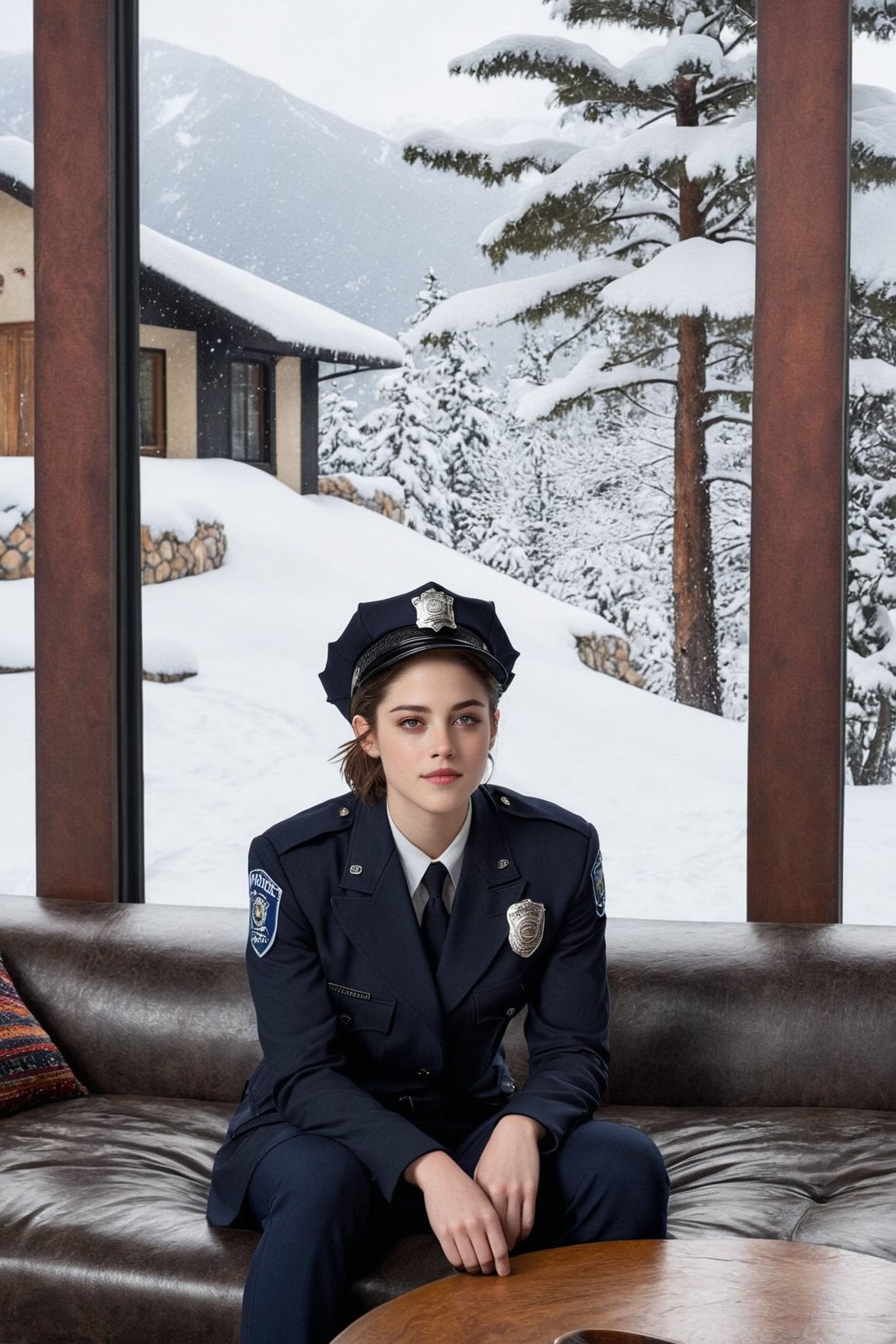 Hyper-Realistic photo of a beautiful LAPD police officer sitting on a sofa in a winter resort house,20yo,1girl,solo,LAPD police uniform,cap,detailed exquisite face,soft shiny skin,smile,looking at viewer,Kristen Stewart lookalike,cap,fullbody:1.3
BREAK
backdrop:livingroom,table,sofa,window,snow,tree,girl focus,[cluttered maximalism]
BREAK
settings: (rule of thirds1.3),perfect composition,studio photo,trending on artstation,depth of perspective,(Masterpiece,Best quality,32k,UHD:1.4),(sharp focus,high contrast,HDR,hyper-detailed,intricate details,ultra-realistic,kodachrome 800:1.3),(cinematic lighting:1.3),(by Karol Bak$,Alessandro Pautasso$,Gustav Klimt$ and Hayao Miyazaki$:1.3),art_booster,photo_b00ster, real_booster,w1nter res0rt