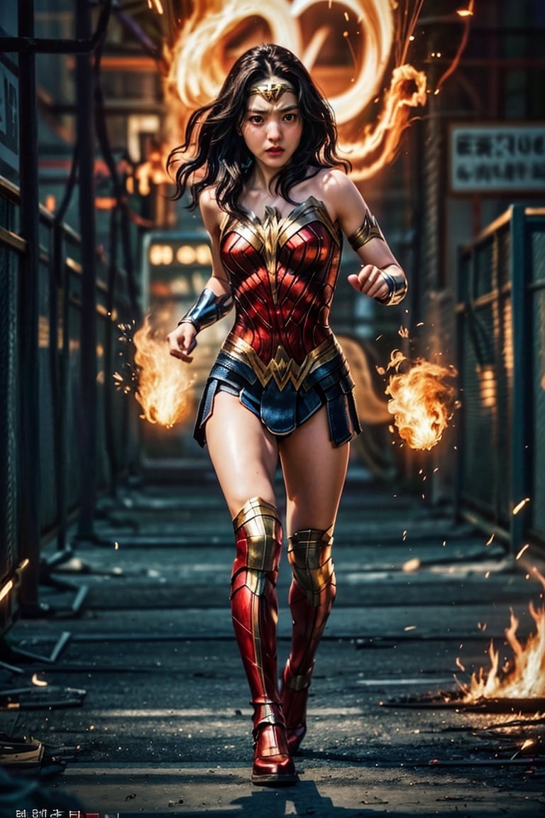 (masterpiece,best quality,ultra-detailed,8K,intricate, realistic),girl running into enemy,athlete's running pose,lightening elemental magic,flame  background,black bob_cut,full body,cinematic lighting,wonder_woman,kimtaeri