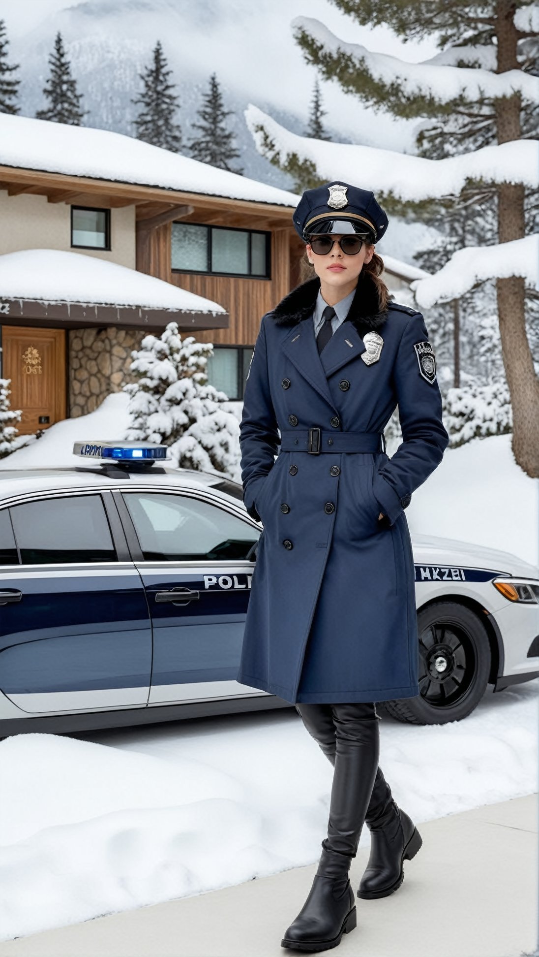 Hyper-Realistic photo of a beautiful LAPD police officer standing in front of a winter resort house,20yo,1girl,solo,LAPD police uniform,cap,detailed exquisite face,soft shiny skin,smile,sunglasses,looking at viewer,Kristen Stewart lookalike,cap,fullbody:1.3
BREAK
backdrop:luxurious modern resort house,police car,road,snow,tree,girl focus,[cluttered maximalism]
BREAK
settings: (rule of thirds1.3),perfect composition,studio photo,trending on artstation,depth of perspective,(Masterpiece,Best quality,32k,UHD:1.4),(sharp focus,high contrast,HDR,hyper-detailed,intricate details,ultra-realistic,kodachrome 800:1.3),(cinematic lighting:1.3),(by Karol Bak$,Alessandro Pautasso$,Gustav Klimt$ and Hayao Miyazaki$:1.3),art_booster,photo_b00ster, real_booster,w1nter res0rt